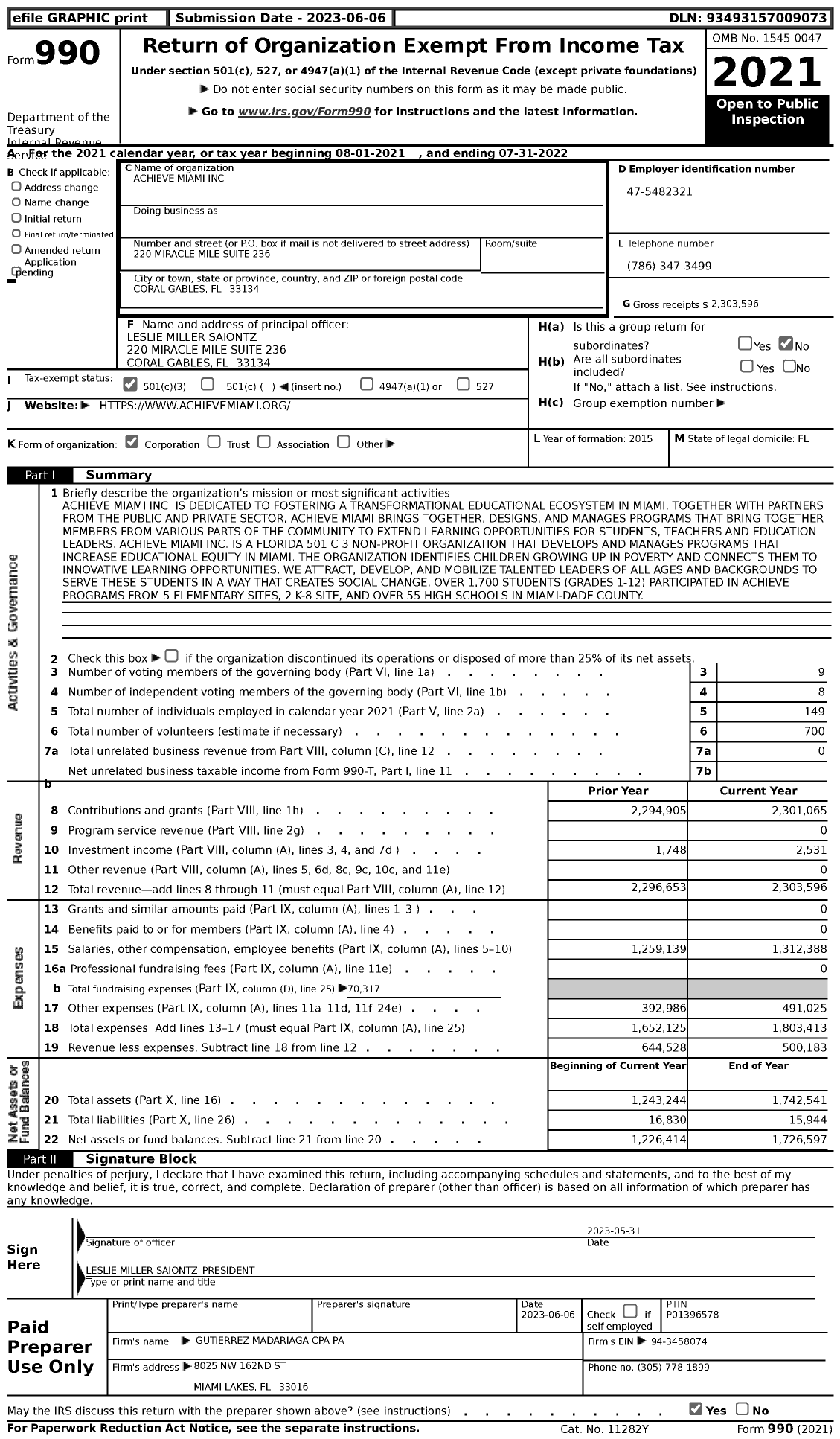 Image of first page of 2021 Form 990 for Achieve Miami