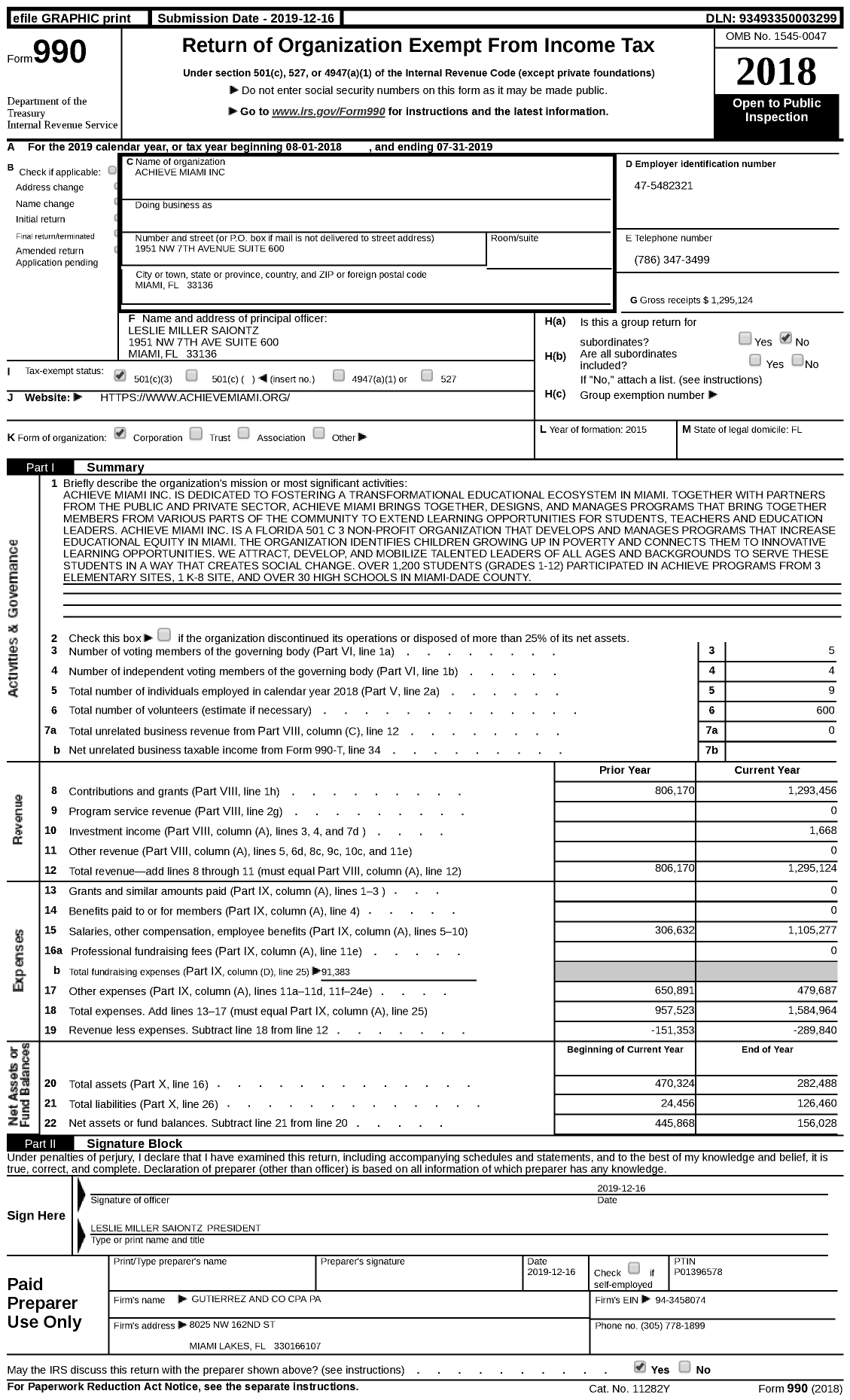 Image of first page of 2018 Form 990 for Achieve Miami