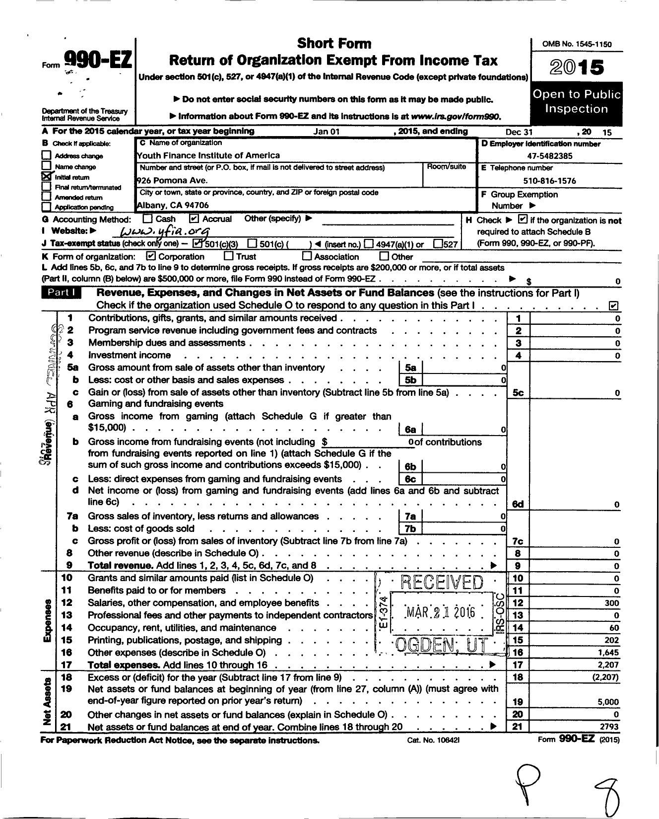 Image of first page of 2015 Form 990EZ for Youth Finance Institute of America