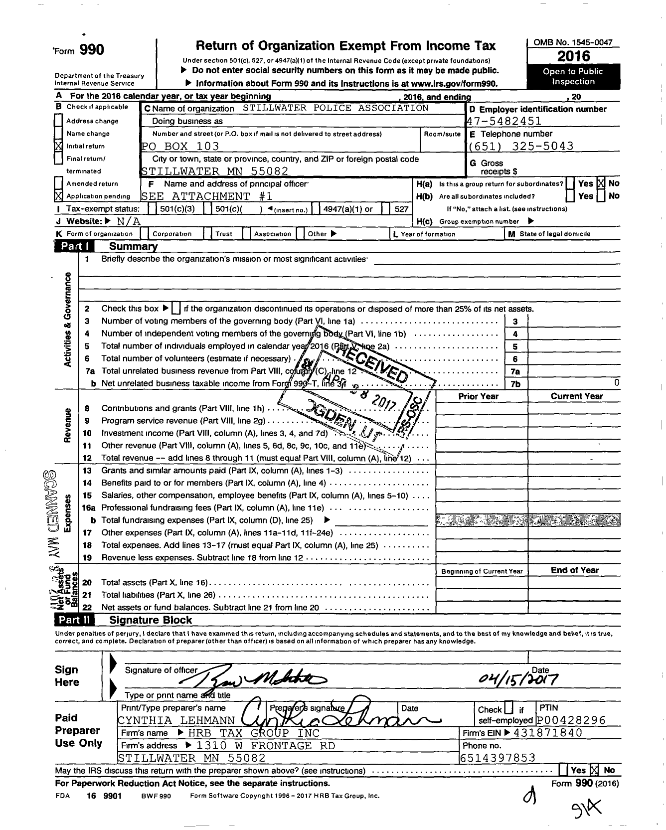 Image of first page of 2016 Form 990O for Stillwater Police Association