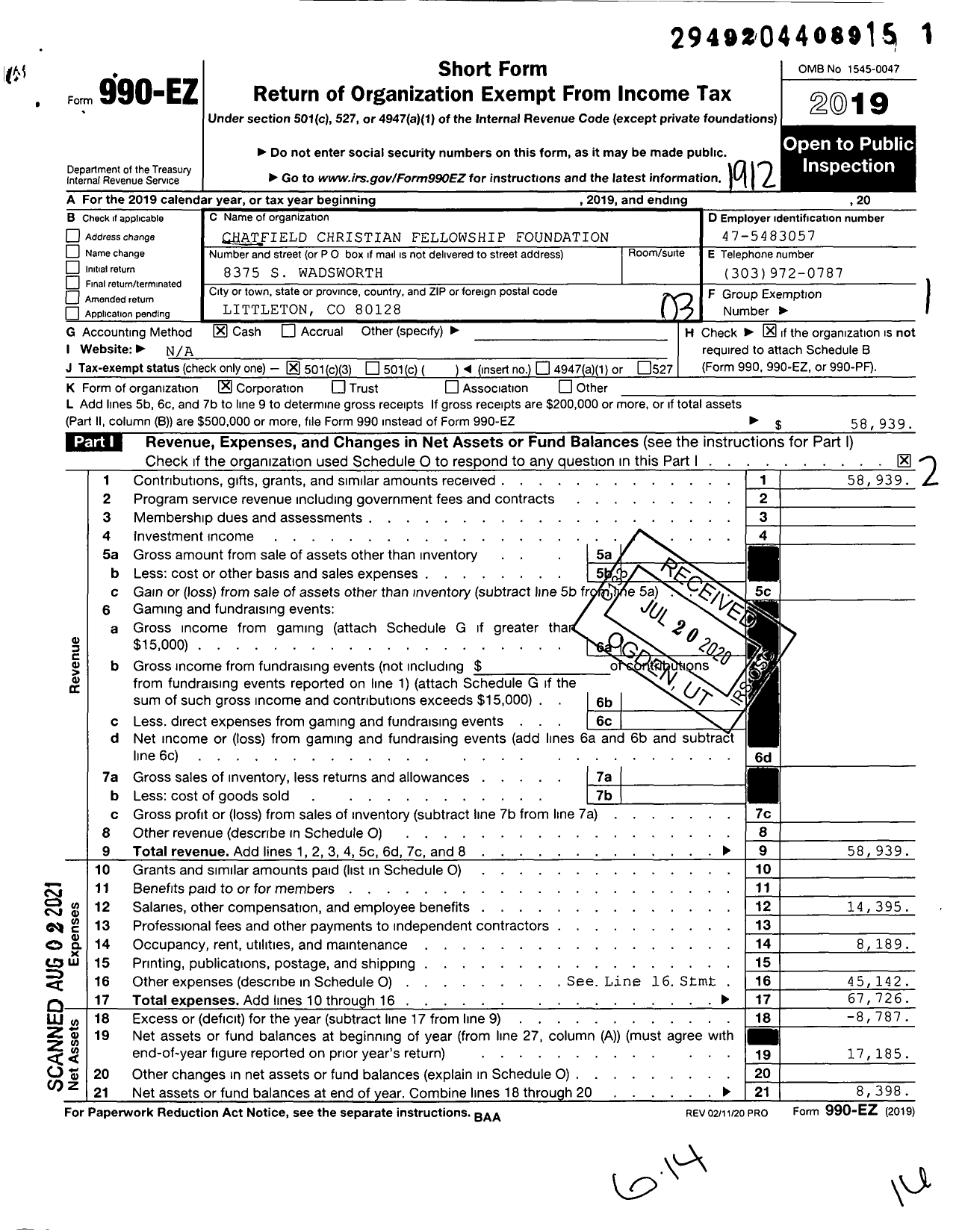 Image of first page of 2019 Form 990EZ for Chatfield Christian Fellowship Foundation