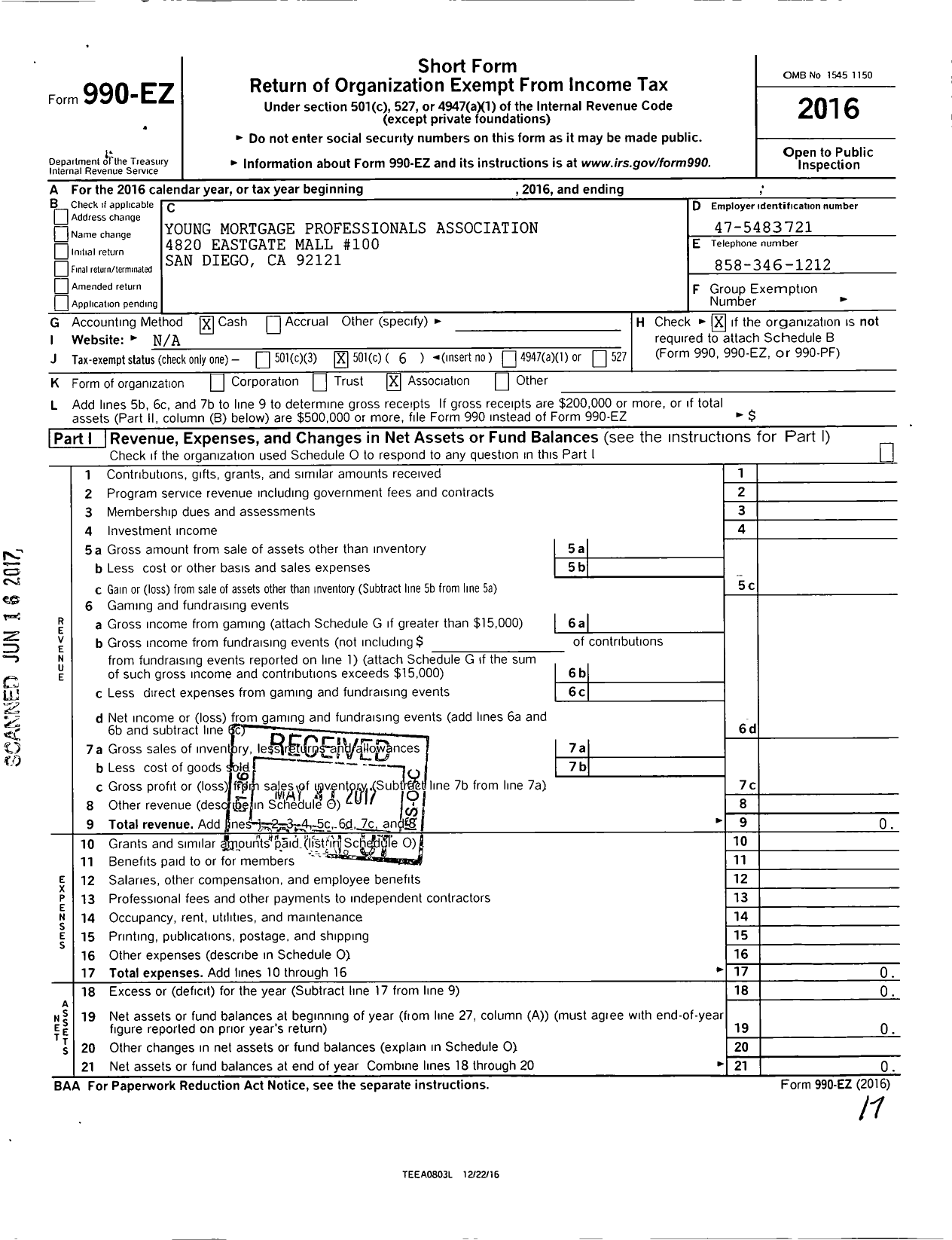 Image of first page of 2016 Form 990EO for Young Mortgage Professionals Association