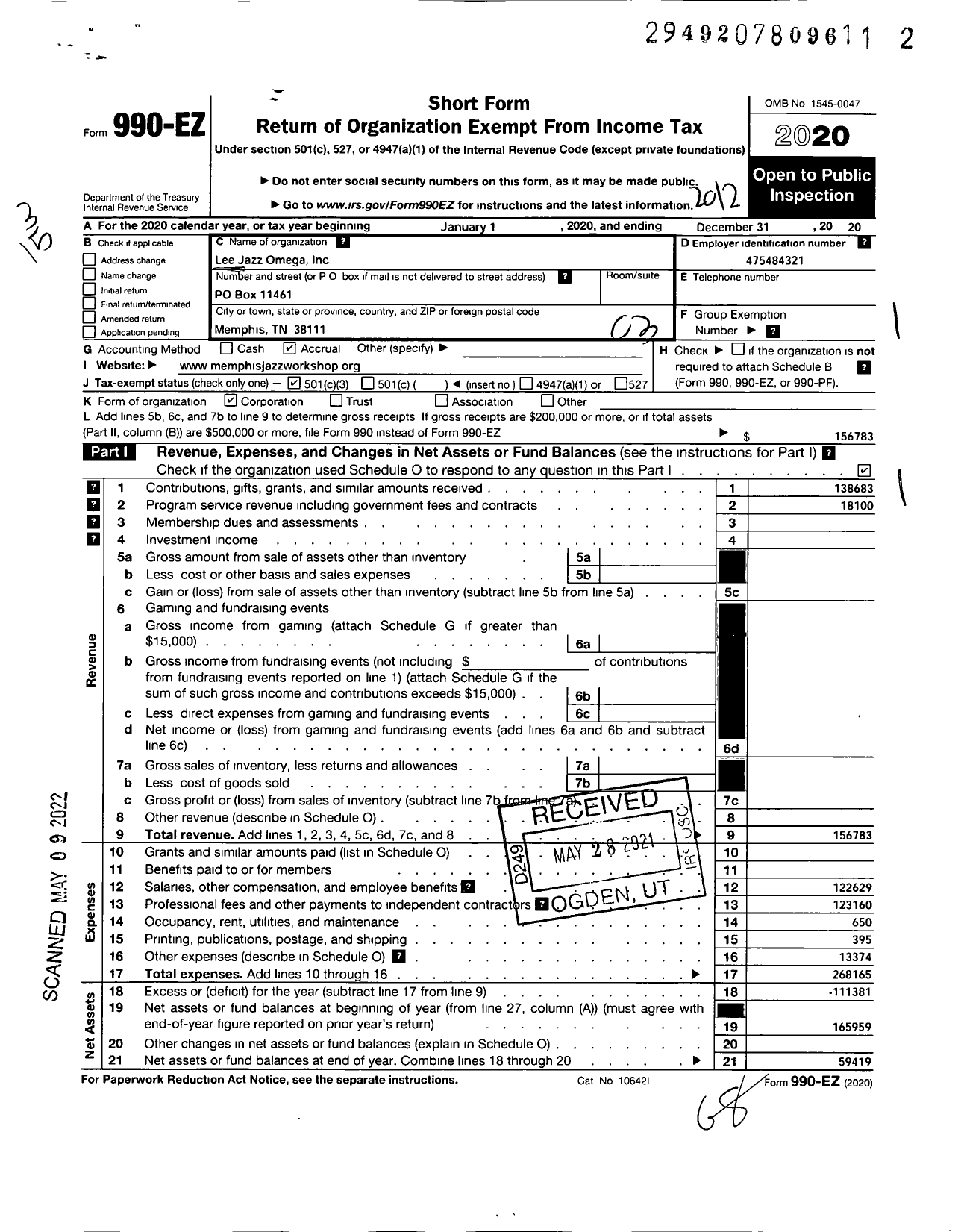 Image of first page of 2020 Form 990EZ for Lee Jazz Omega Inc Memphis Jazz Workshop