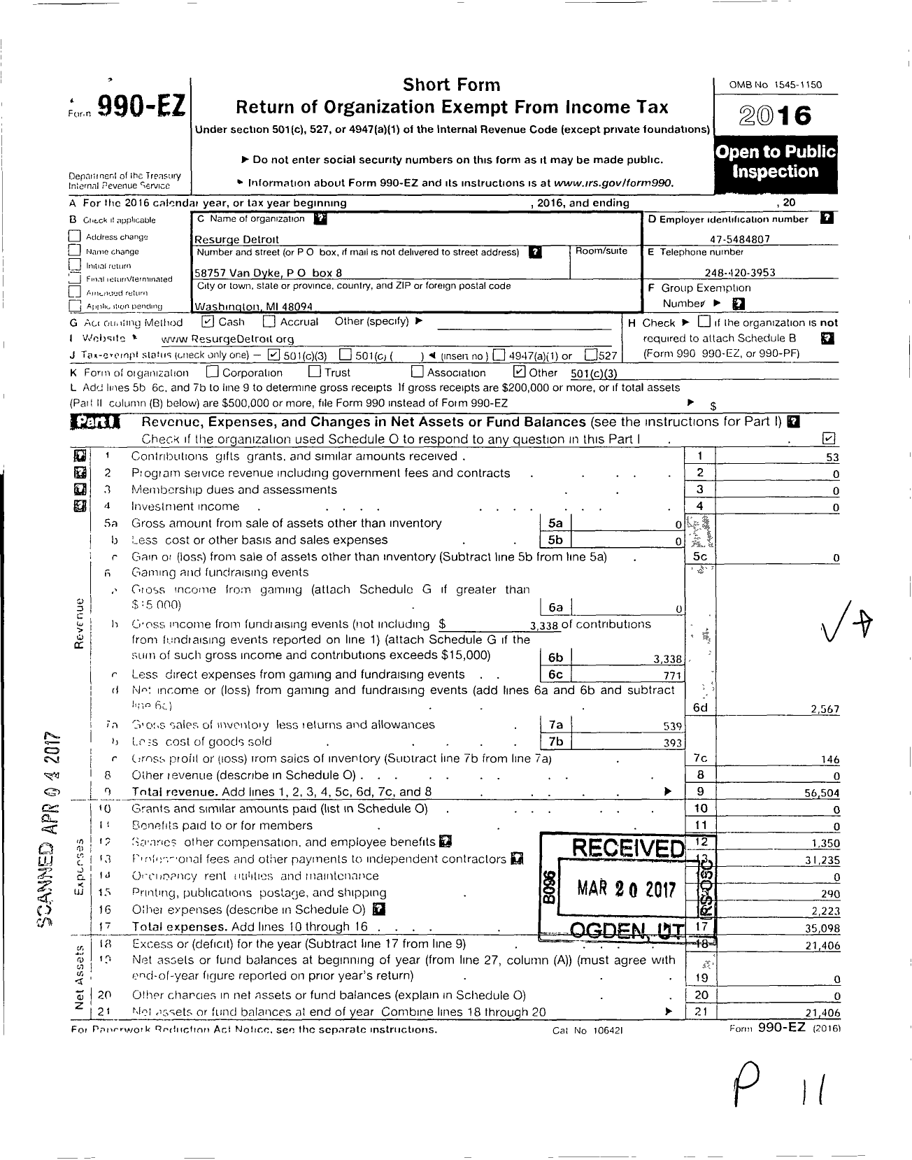 Image of first page of 2016 Form 990EZ for Resurge Detroit