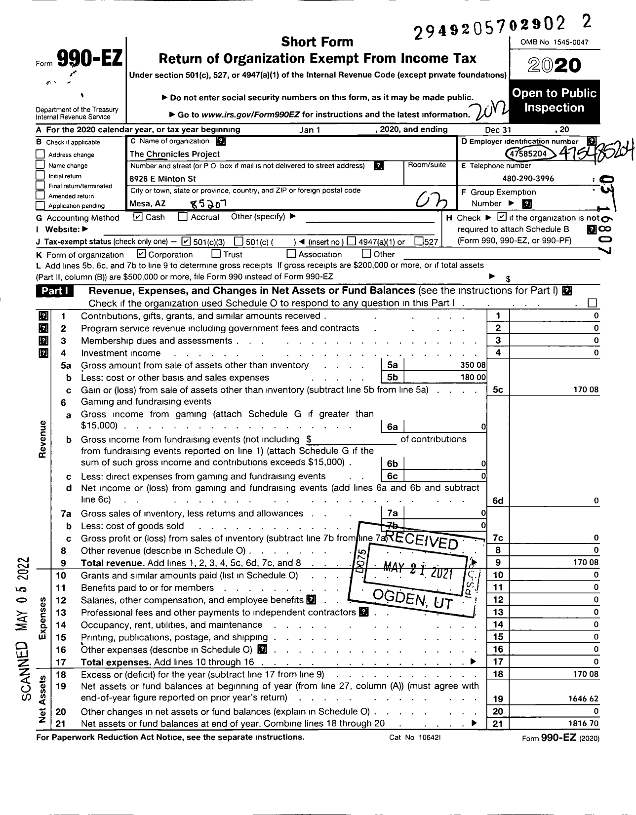 Image of first page of 2020 Form 990EZ for Chronicles Project