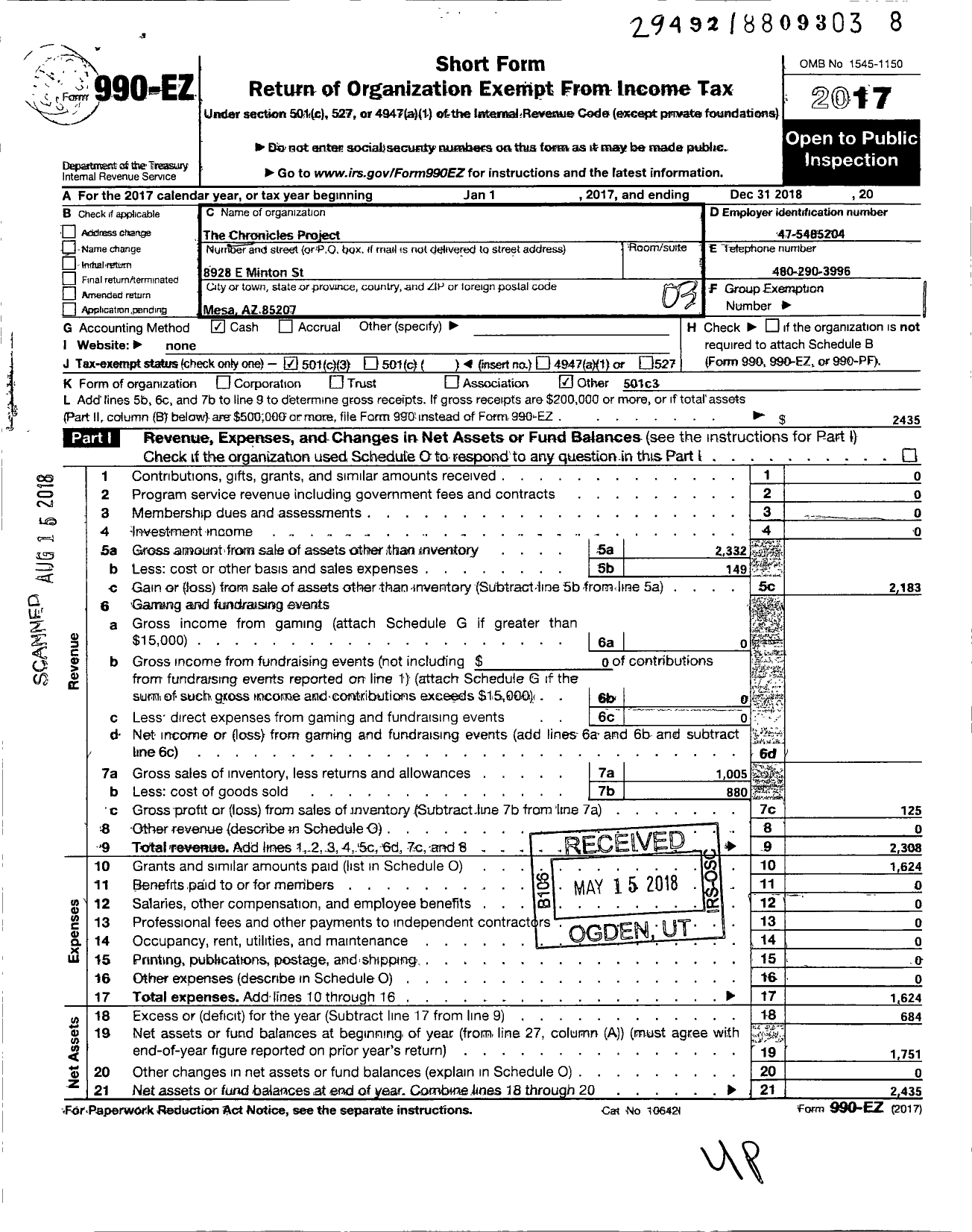 Image of first page of 2018 Form 990EZ for Chronicles Project