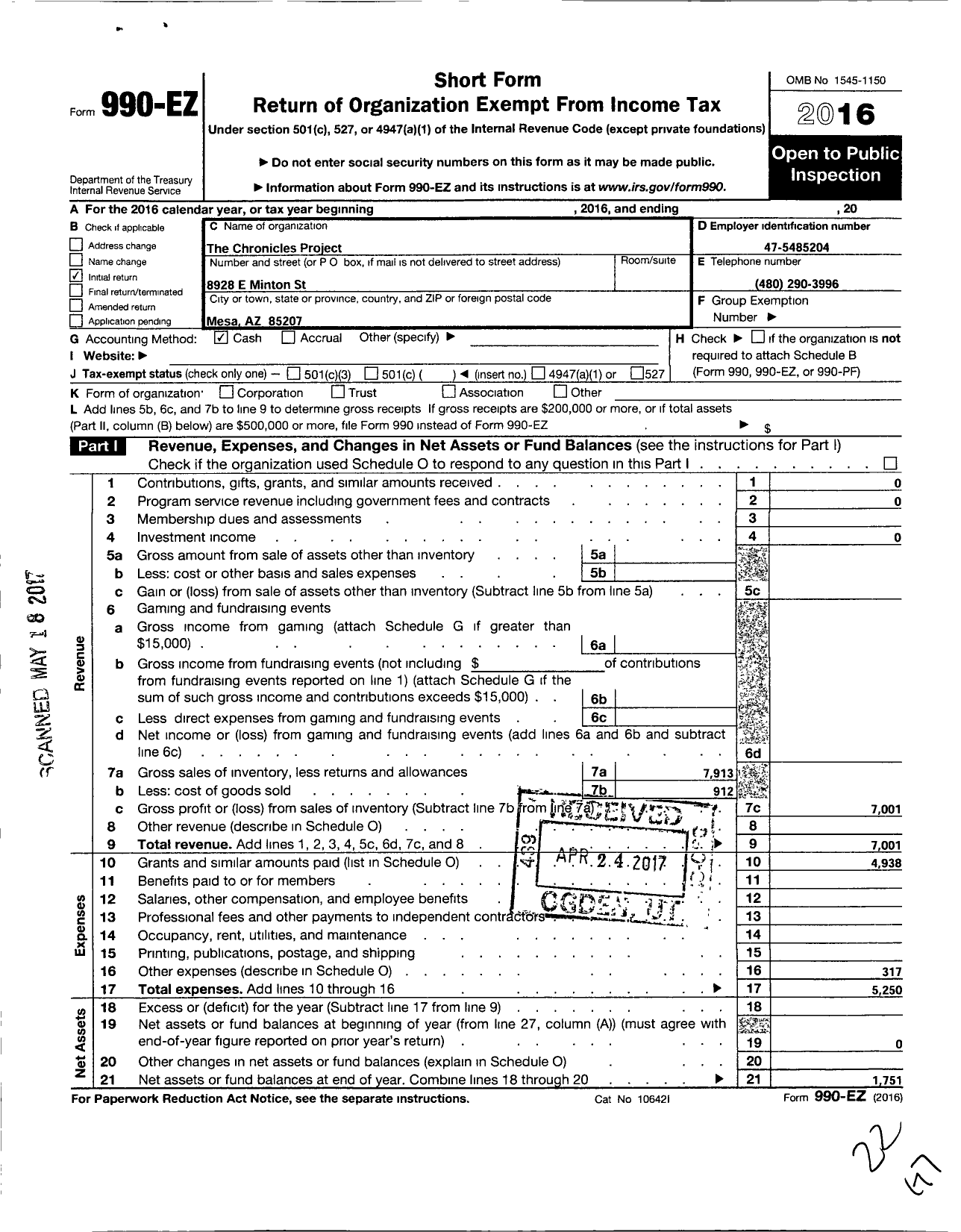 Image of first page of 2016 Form 990EO for Chronicles Project