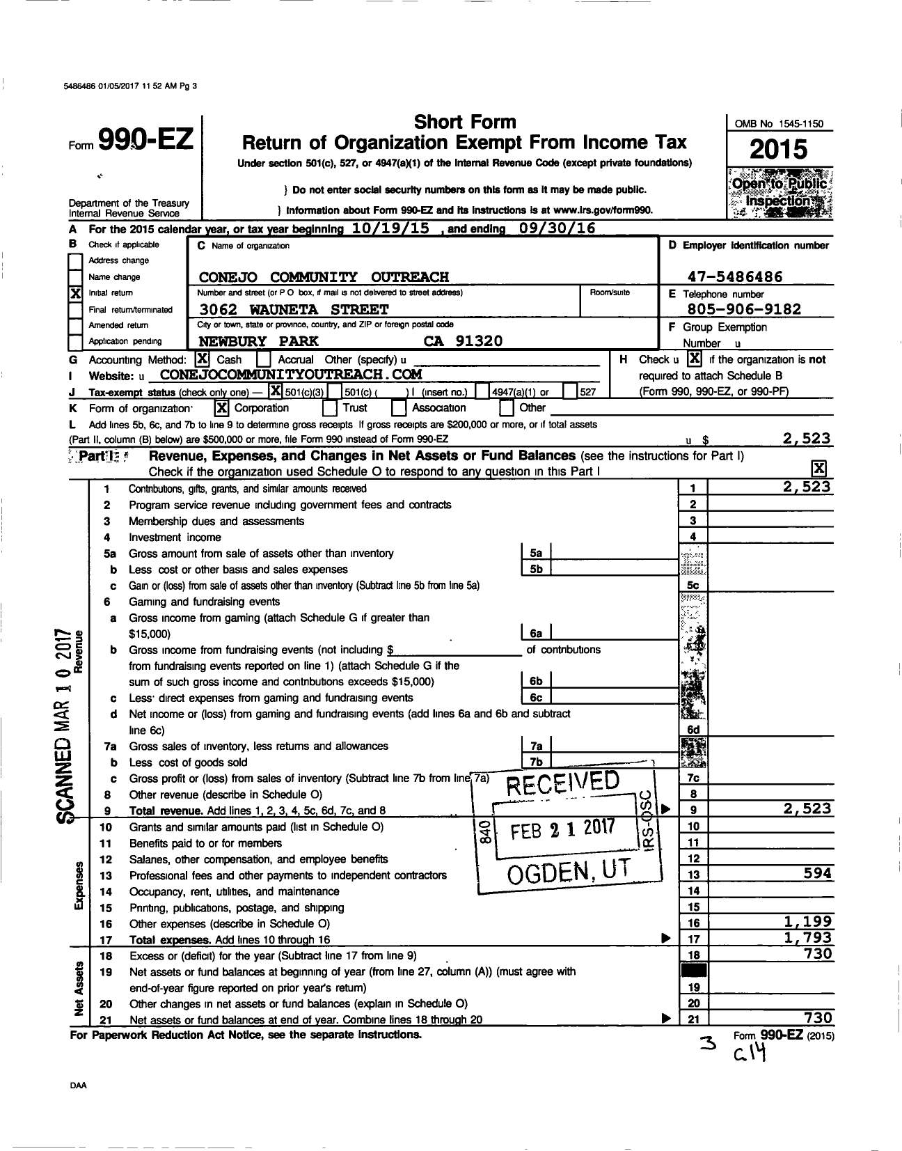 Image of first page of 2015 Form 990EZ for Conejo Community Outreach