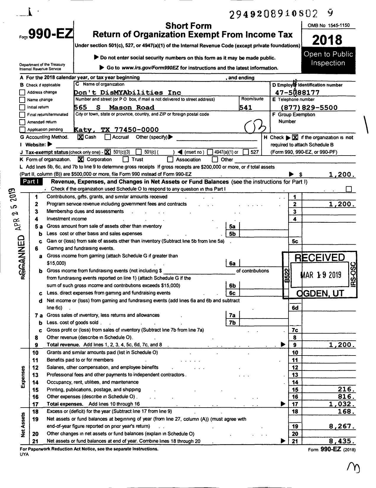 Image of first page of 2018 Form 990EZ for Dont DisMYAbilities