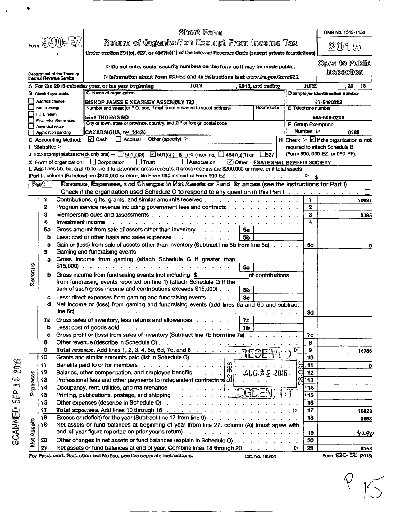 Image of first page of 2015 Form 990EO for Knights of Columbus - 723 Bishop James E Kearney Assembly