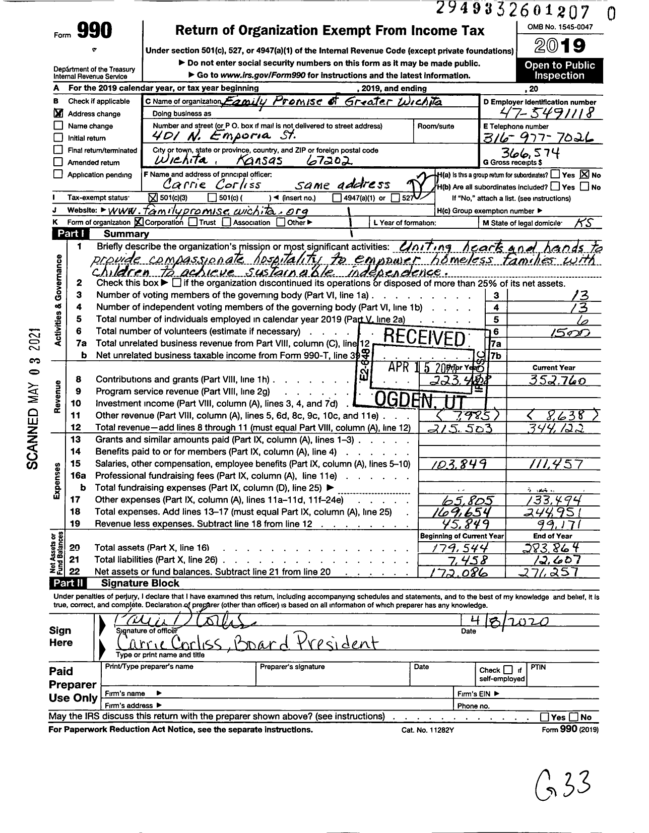 Image of first page of 2019 Form 990 for Family Promise of Greater Wichita