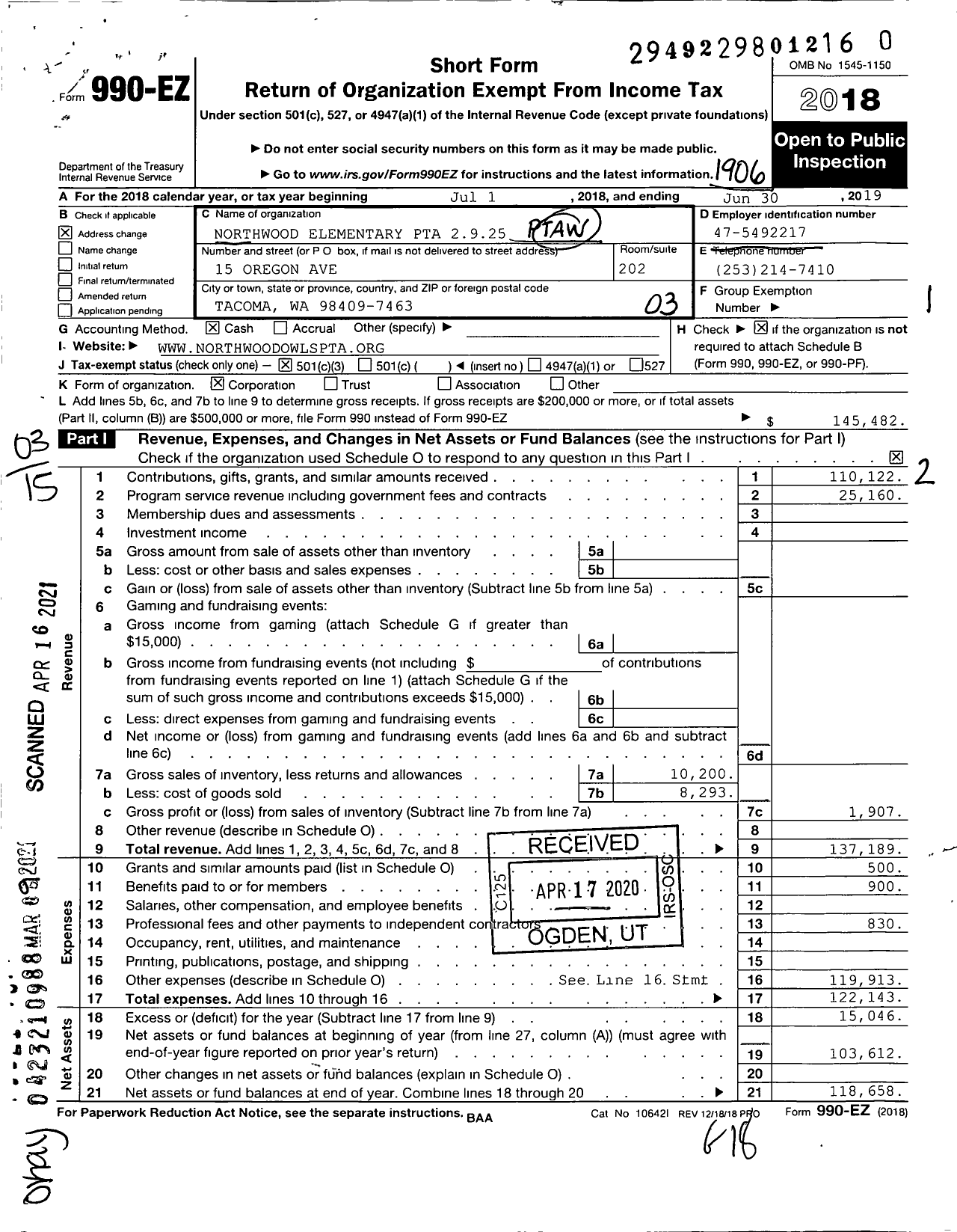 Image of first page of 2018 Form 990EZ for Northwood Elementary PTA 2925