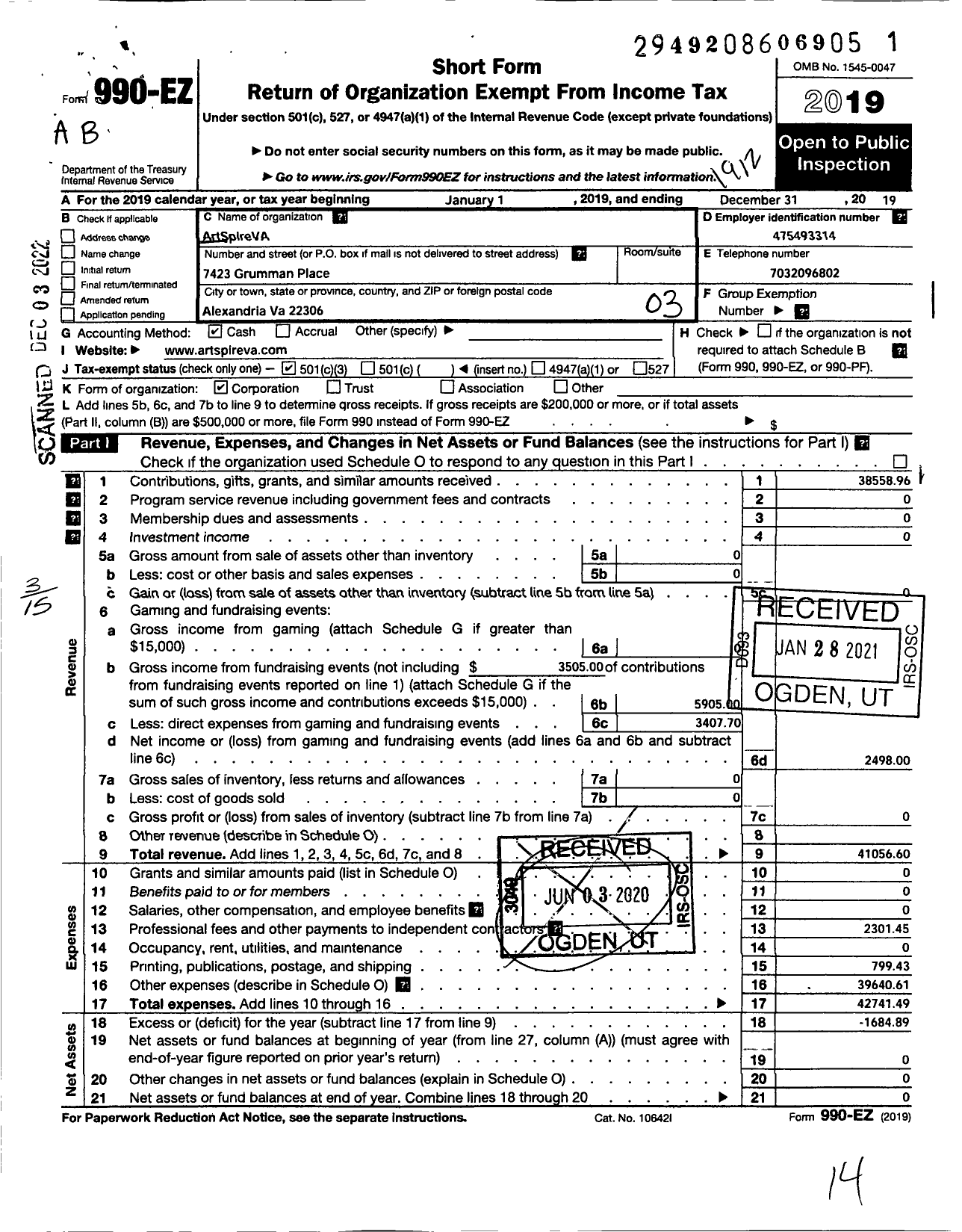 Image of first page of 2019 Form 990EZ for Artspire Va