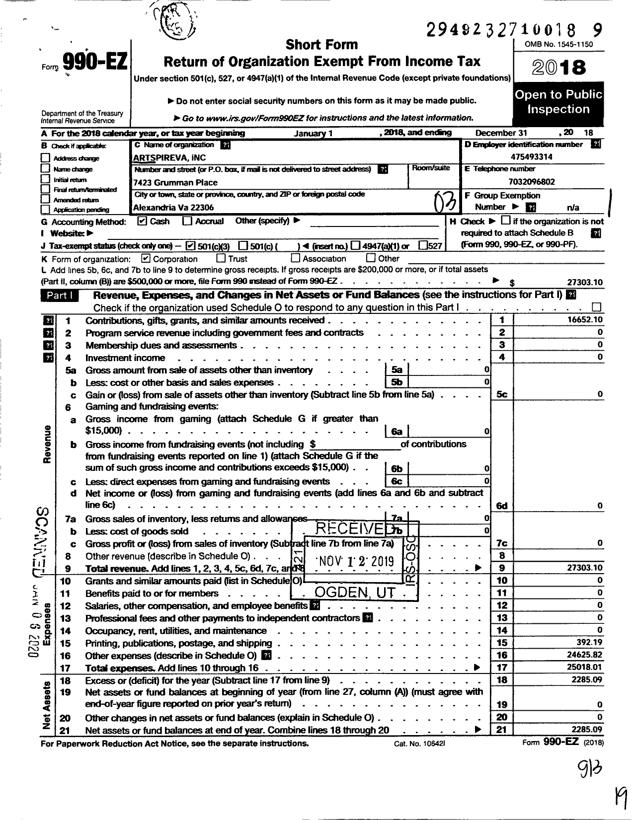 Image of first page of 2018 Form 990EZ for Artspire Va