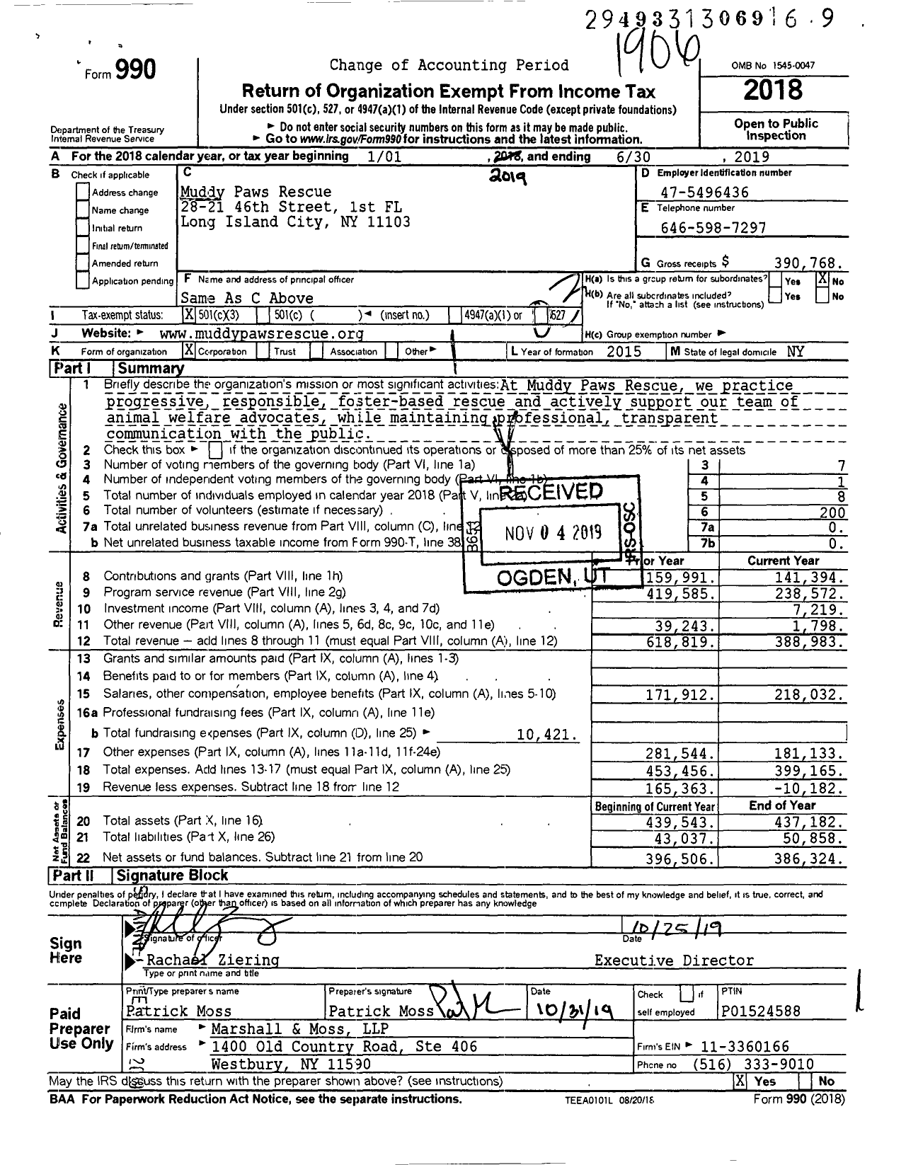 Image of first page of 2018 Form 990 for Muddy Paws Rescue