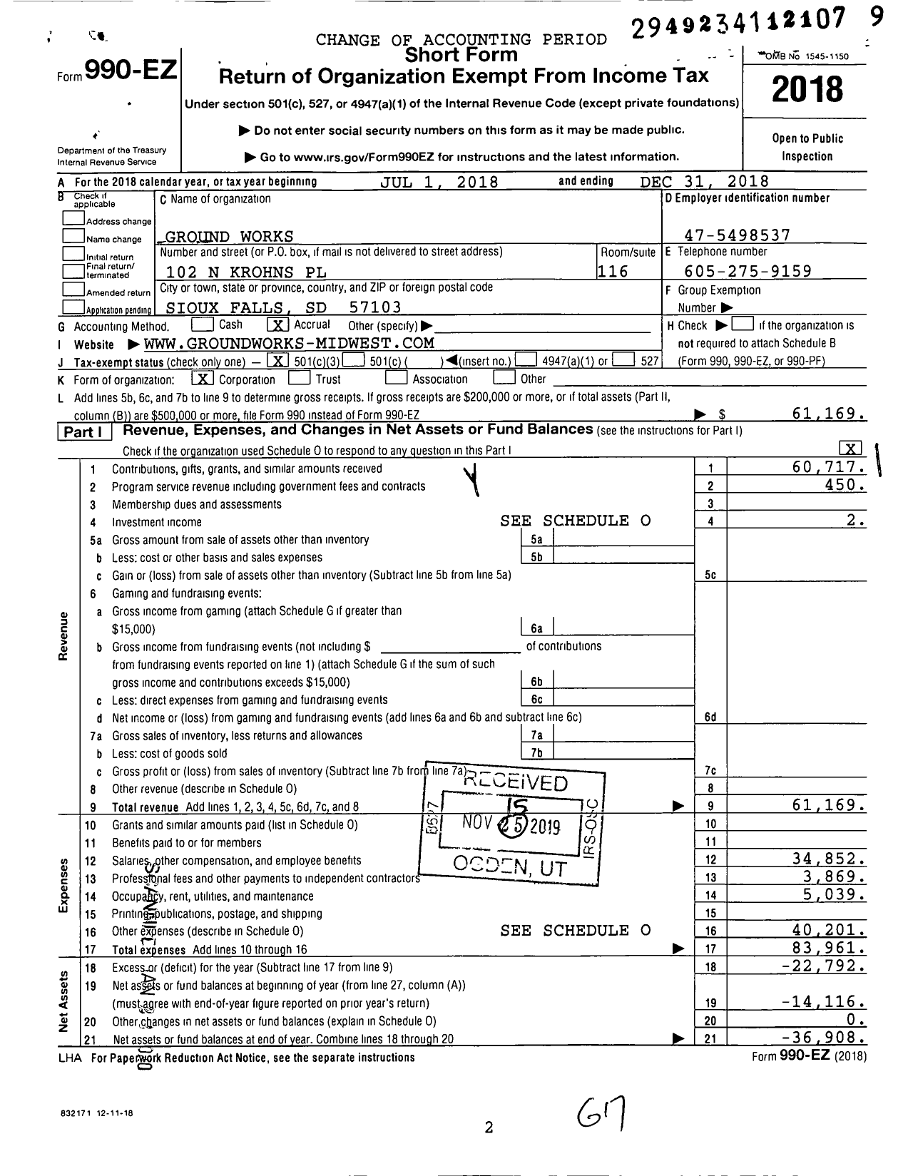 Image of first page of 2018 Form 990EZ for Ground Works