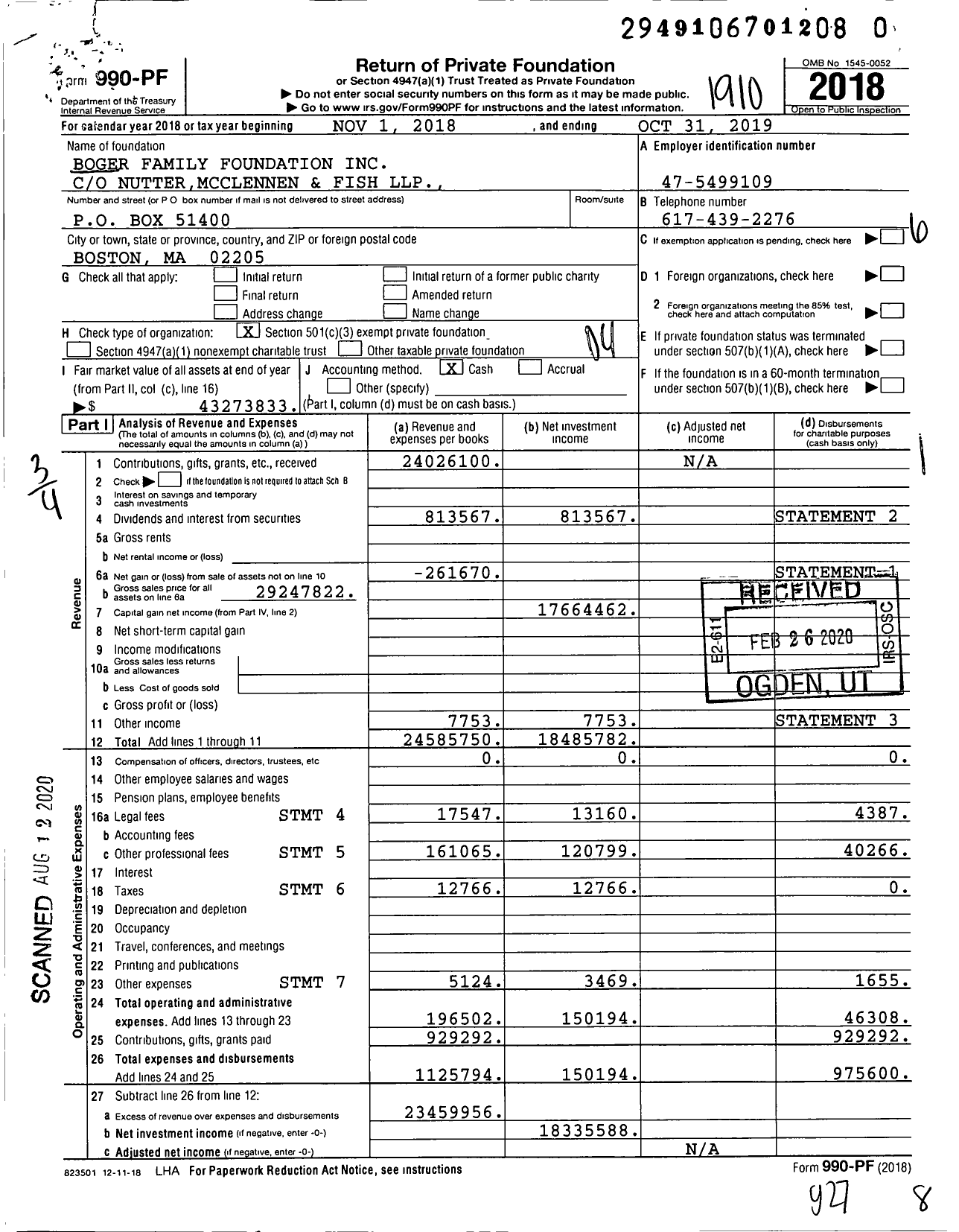 Image of first page of 2018 Form 990PR for Boger Family Foundation