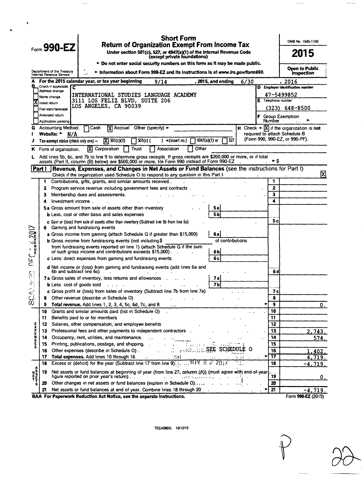 Image of first page of 2015 Form 990EZ for International Studies Language Academy