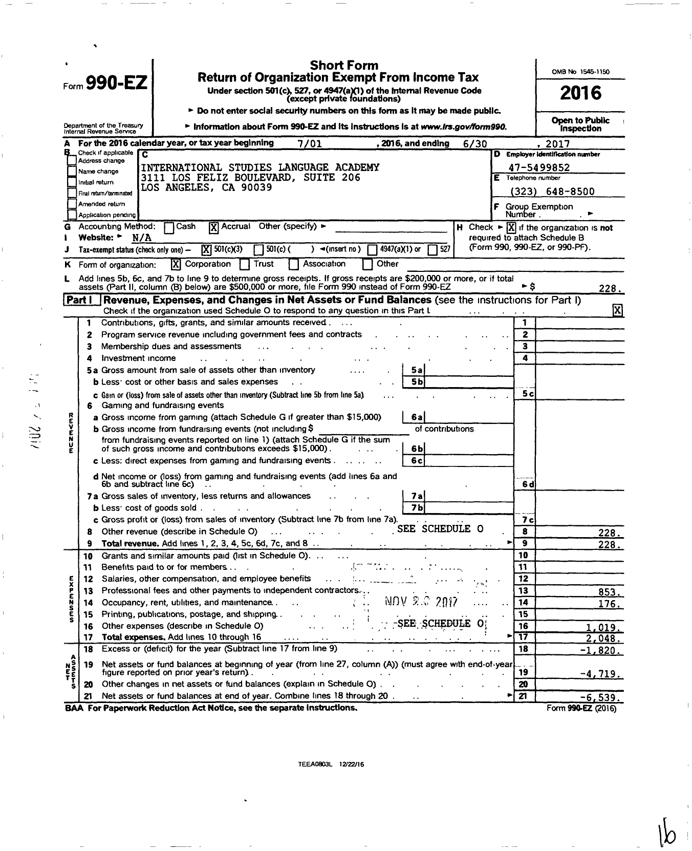 Image of first page of 2016 Form 990EZ for International Studies Language Academy