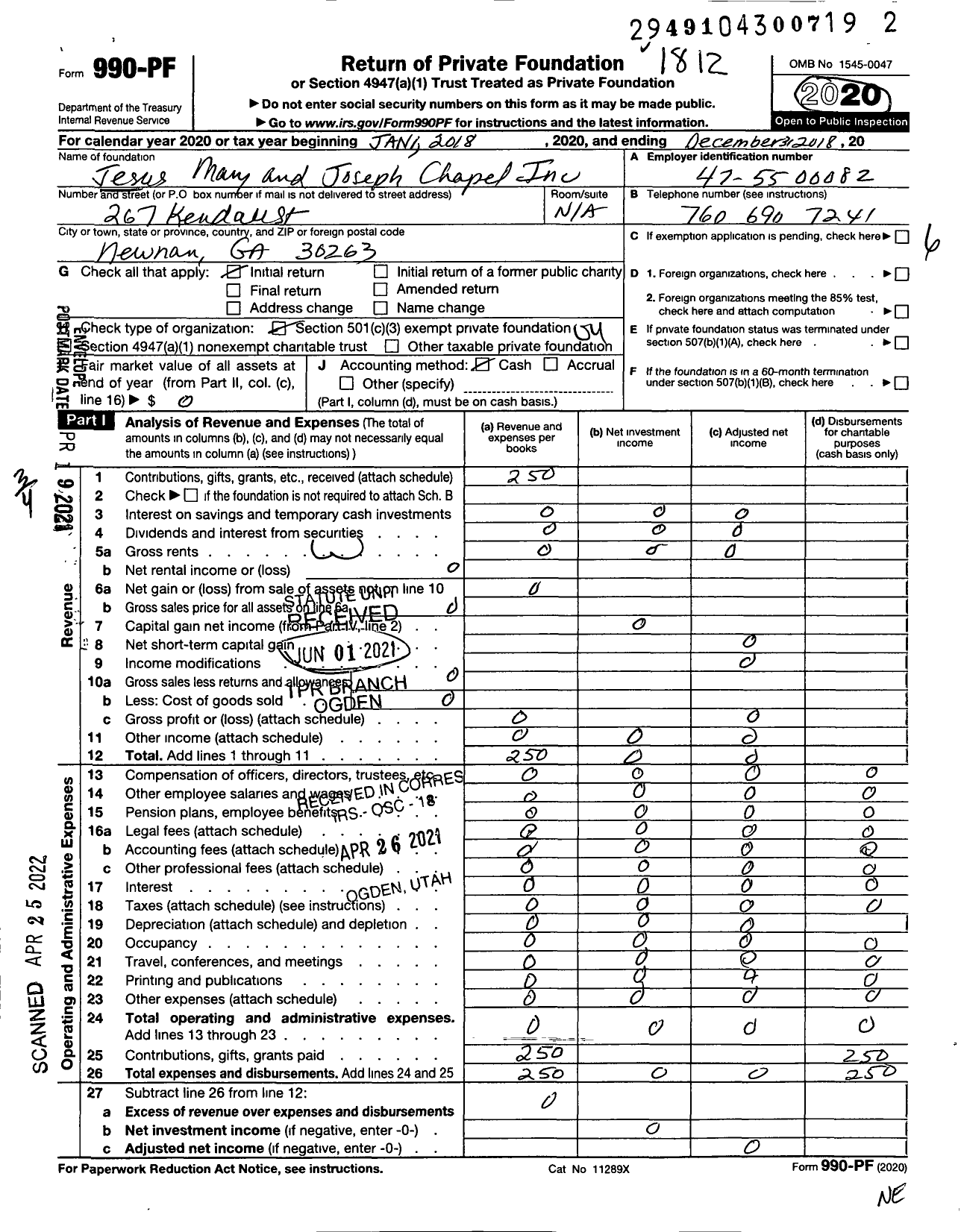 Image of first page of 2018 Form 990PF for Jesus Mary and Joseph Chapel Incorporated