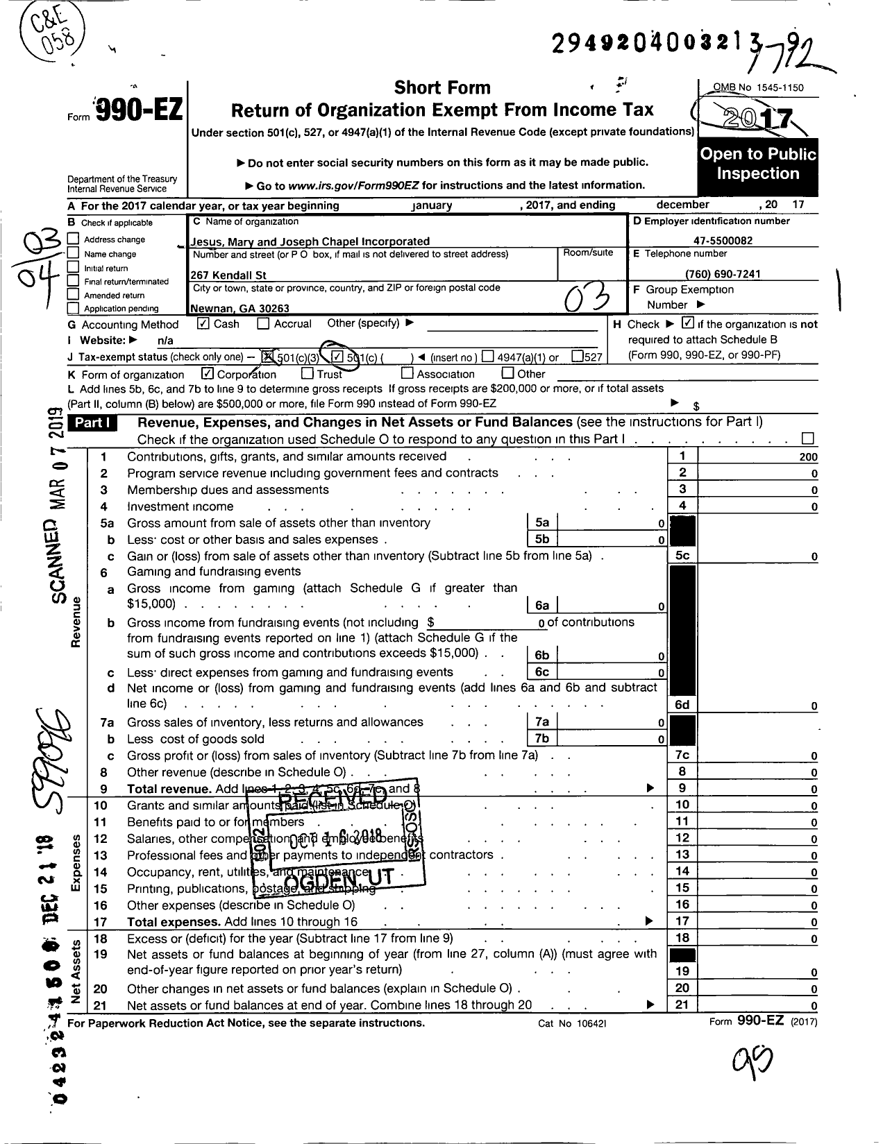 Image of first page of 2017 Form 990EZ for Jesus Mary and Joseph Chapel Incorporated