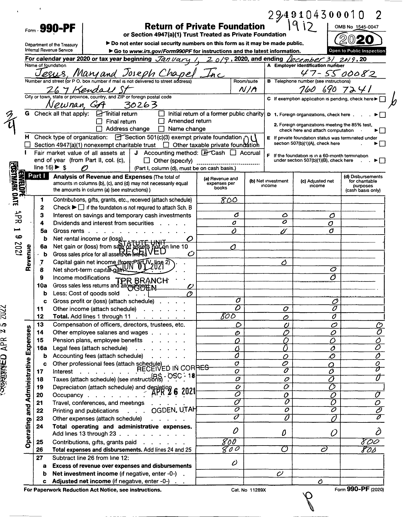 Image of first page of 2019 Form 990PF for Jesus Mary and Joseph Chapel Incorporated