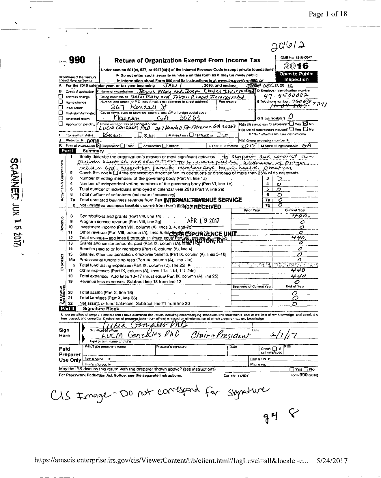 Image of first page of 2016 Form 990 for Jesus Mary and Joseph Chapel Incorporated