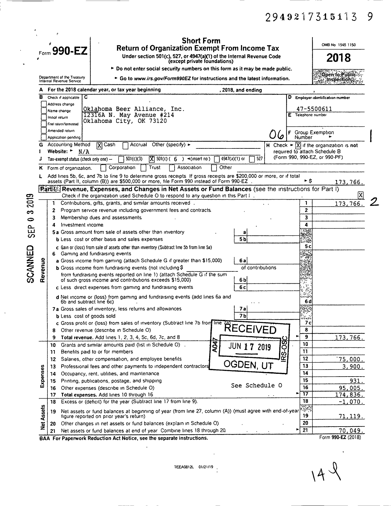 Image of first page of 2018 Form 990EO for Oklahoma Beer Alliance