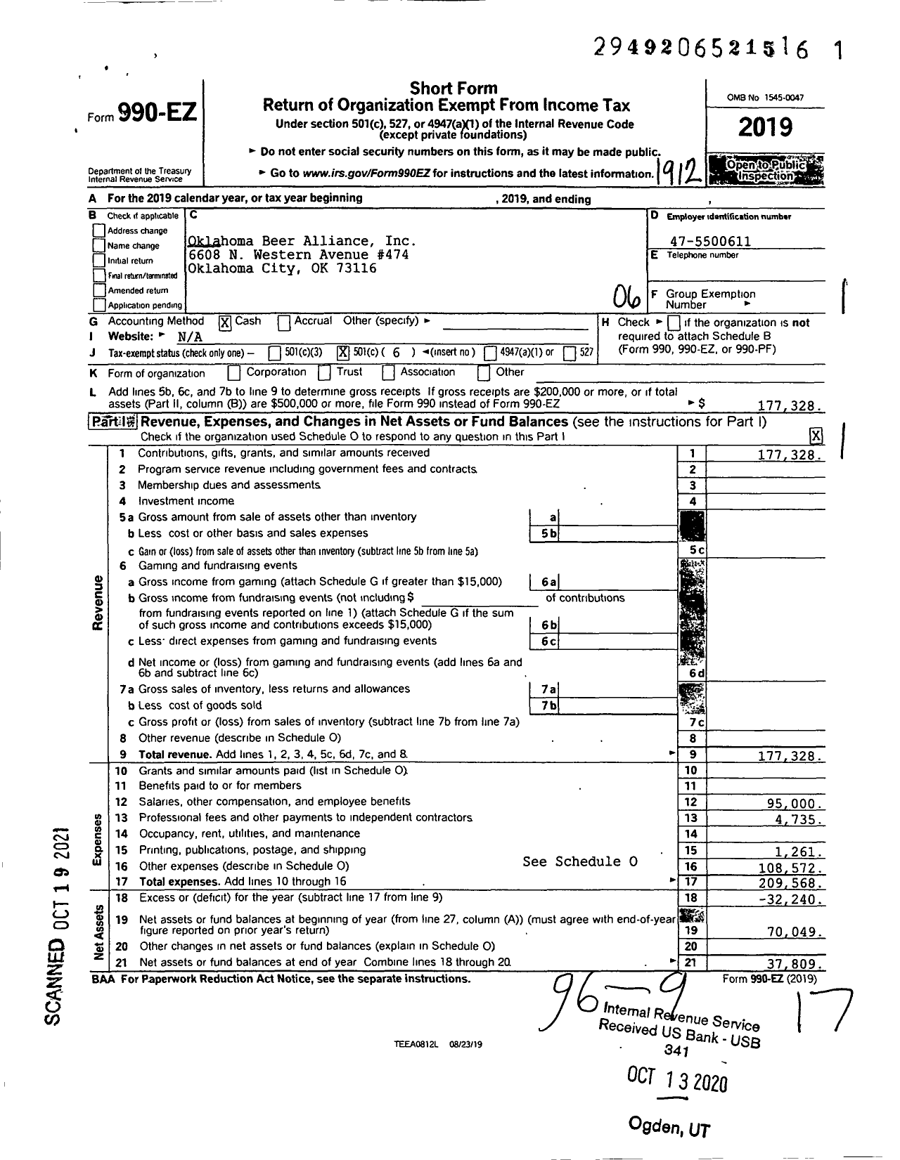 Image of first page of 2019 Form 990EO for Oklahoma Beer Alliance