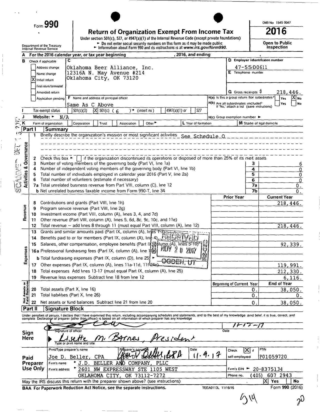 Image of first page of 2016 Form 990O for Oklahoma Beer Alliance