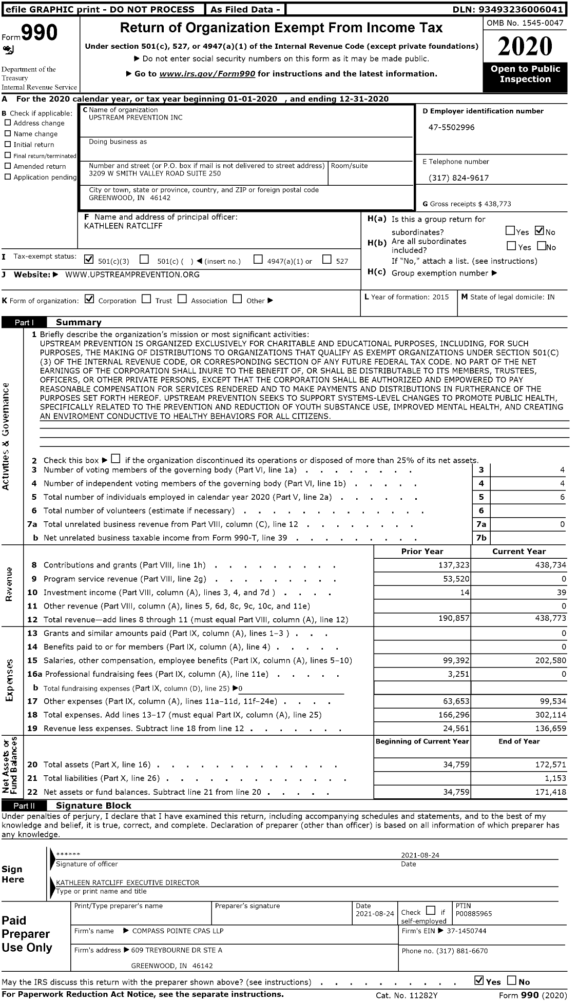 Image of first page of 2020 Form 990 for Upstream Prevention