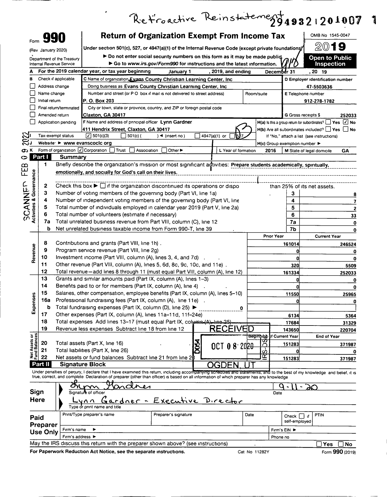 Image of first page of 2019 Form 990 for Evans County Christian Learning Center