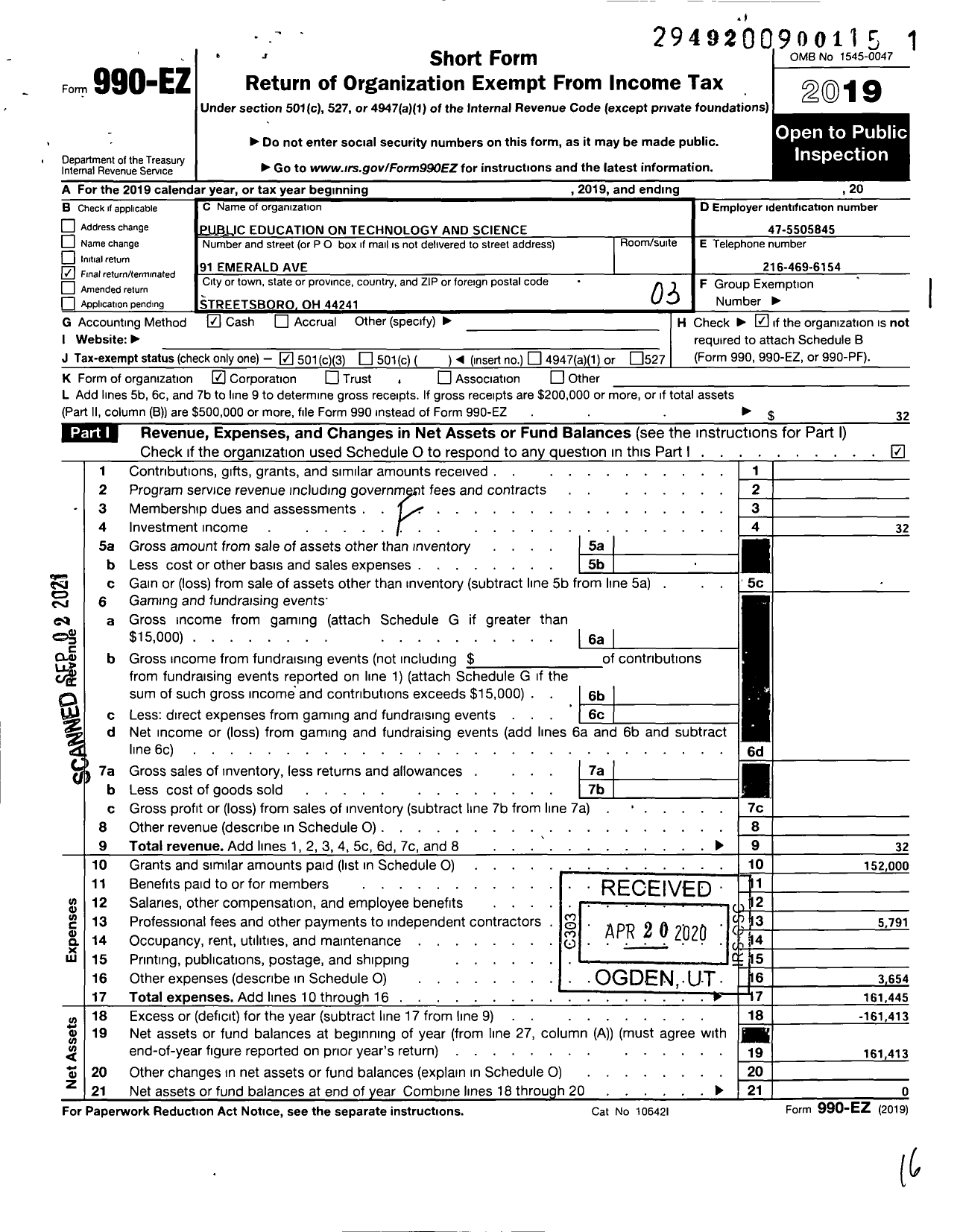 Image of first page of 2019 Form 990EZ for Public Education on Technology and Science