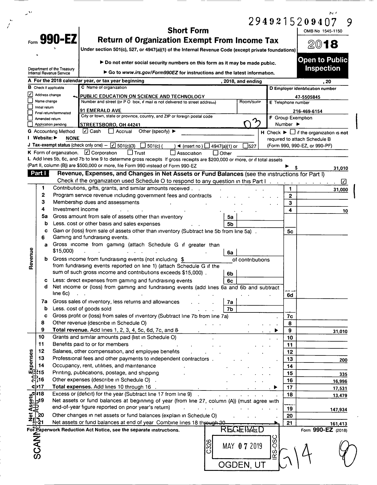 Image of first page of 2018 Form 990EZ for Public Education on Technology and Science