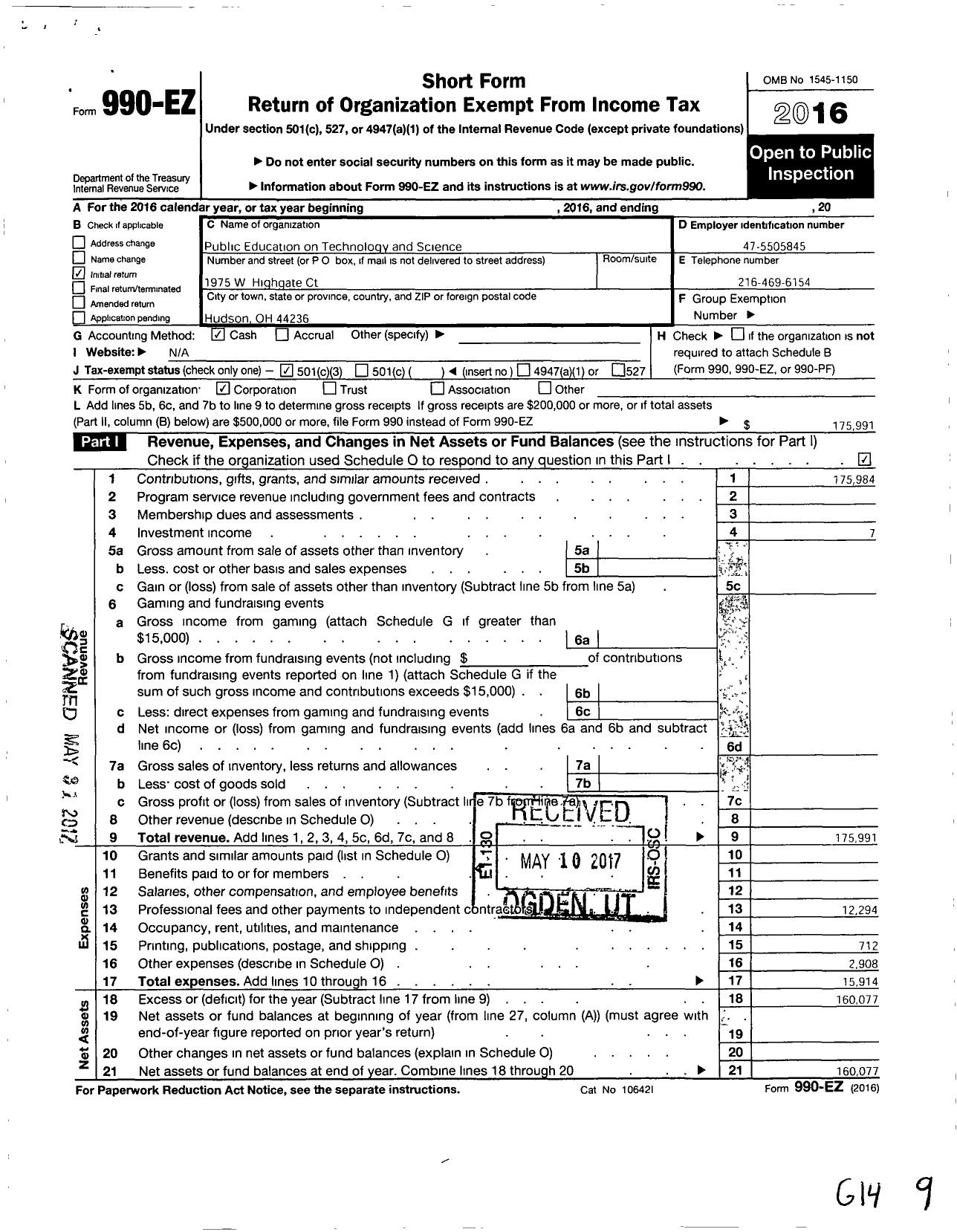 Image of first page of 2016 Form 990EZ for Public Education on Technology and Science