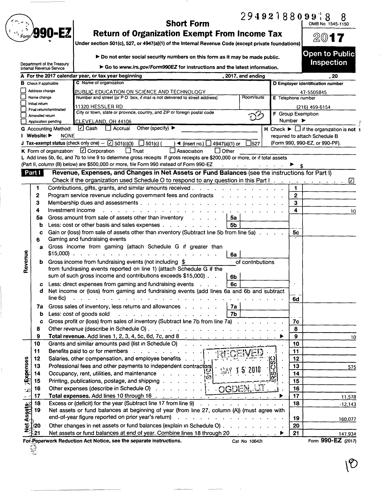 Image of first page of 2017 Form 990EZ for Public Education on Technology and Science