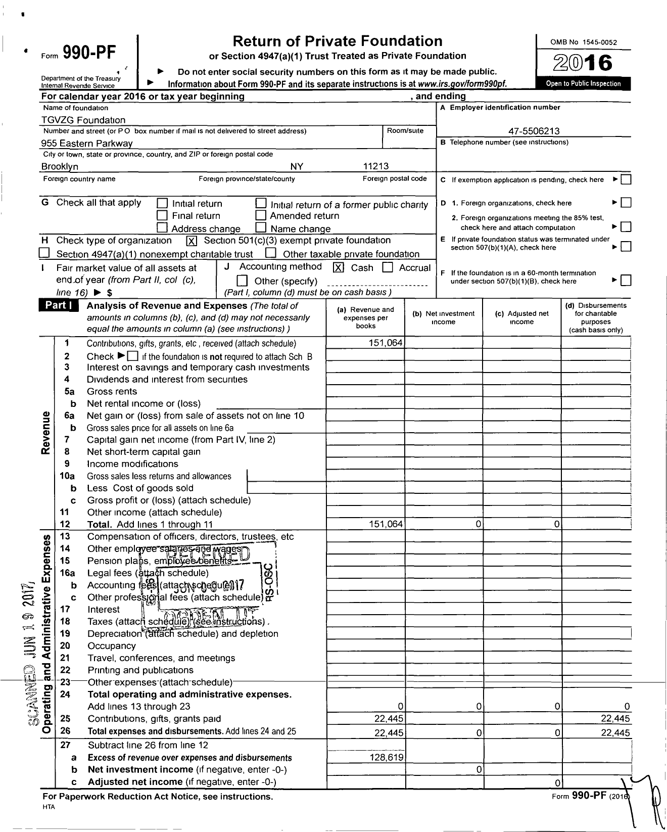 Image of first page of 2016 Form 990PF for TGVZG Foundation
