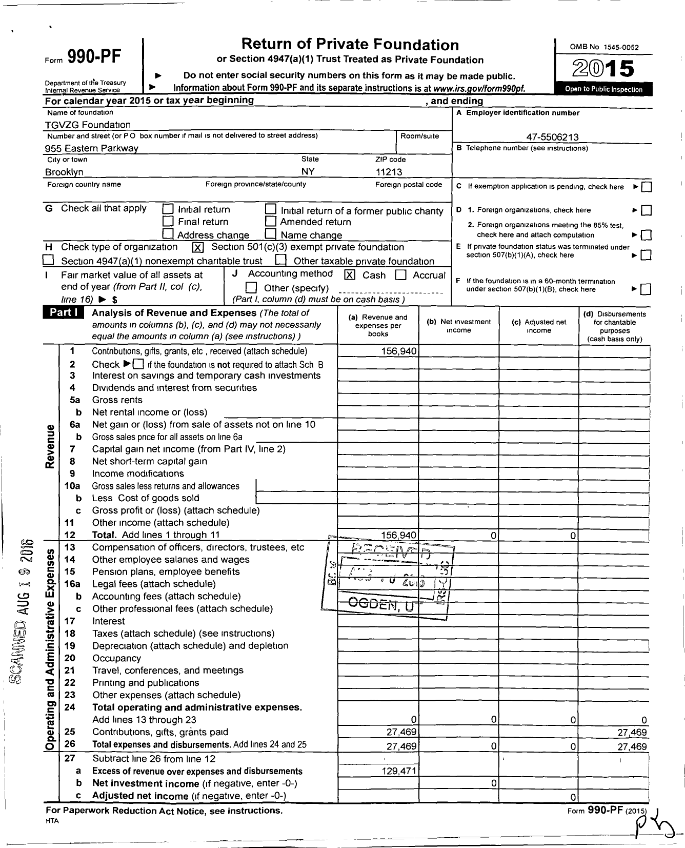 Image of first page of 2015 Form 990PF for TGVZG Foundation