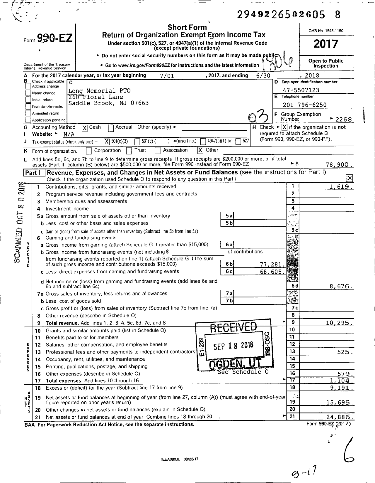 Image of first page of 2017 Form 990EZ for Long Memorial PTO