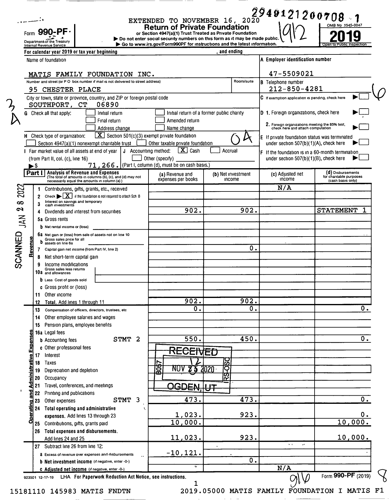 Image of first page of 2019 Form 990PF for Matis Family Foundation