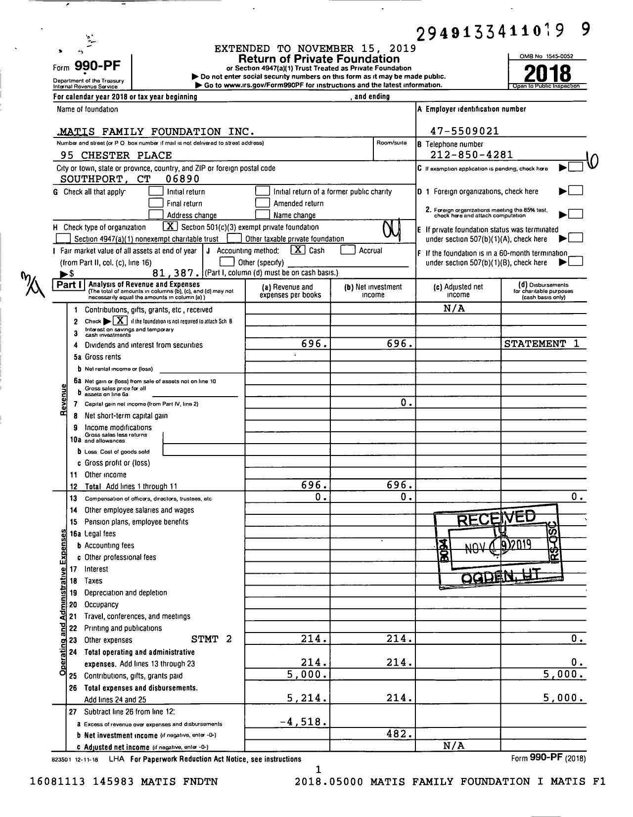 Image of first page of 2018 Form 990PF for Matis Family Foundation