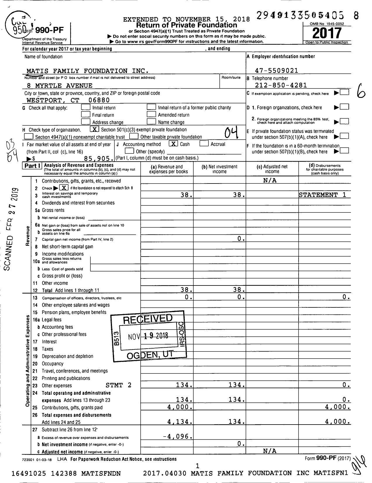 Image of first page of 2017 Form 990PF for Matis Family Foundation