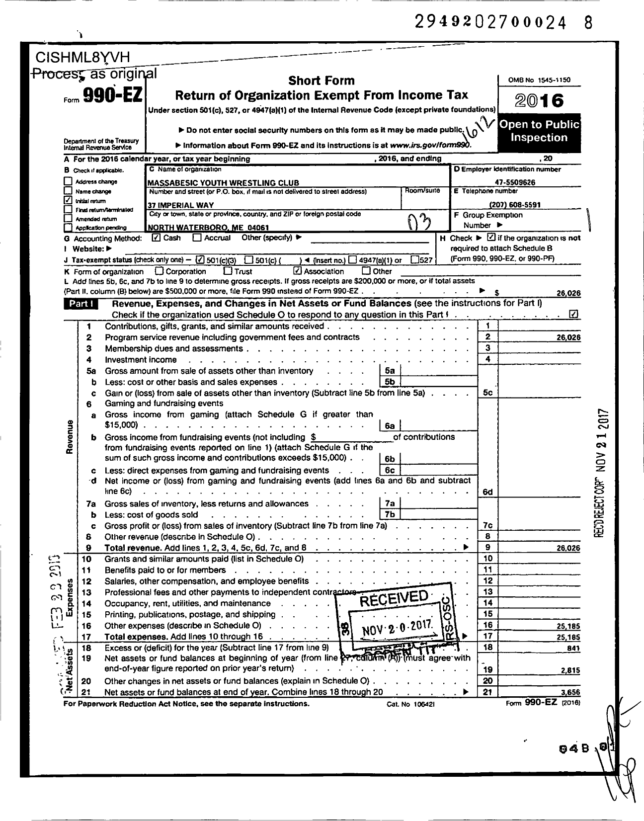 Image of first page of 2016 Form 990EZ for Massabesic Youth Wrestling Club