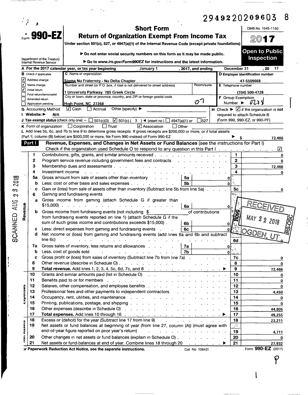 Image of first page of 2017 Form 990EO for Sigma Nu Fraternity - Nu Delta