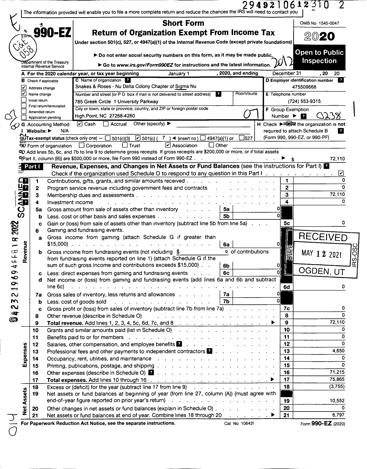 Image of first page of 2020 Form 990EO for Sigma Nu Fraternity - Nu Delta