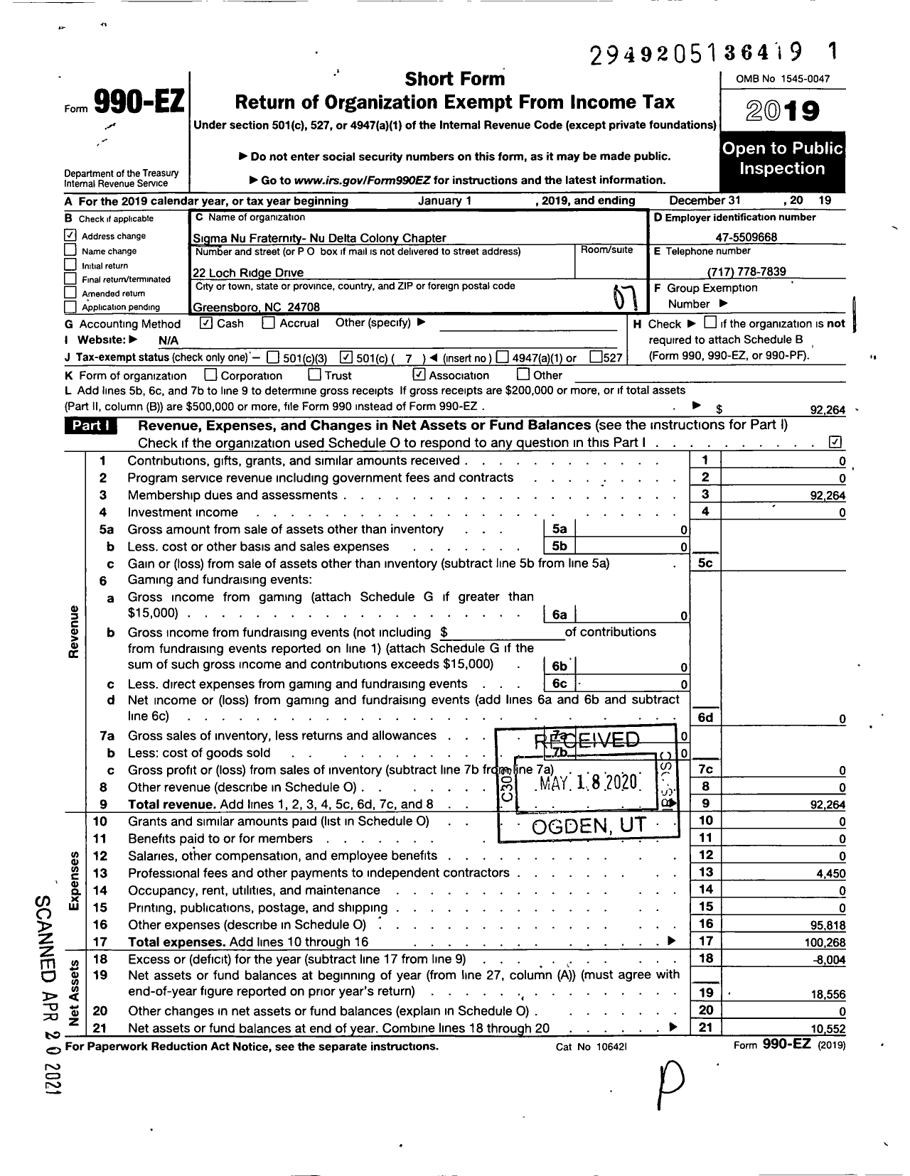 Image of first page of 2019 Form 990EO for Sigma Nu Fraternity - Nu Delta