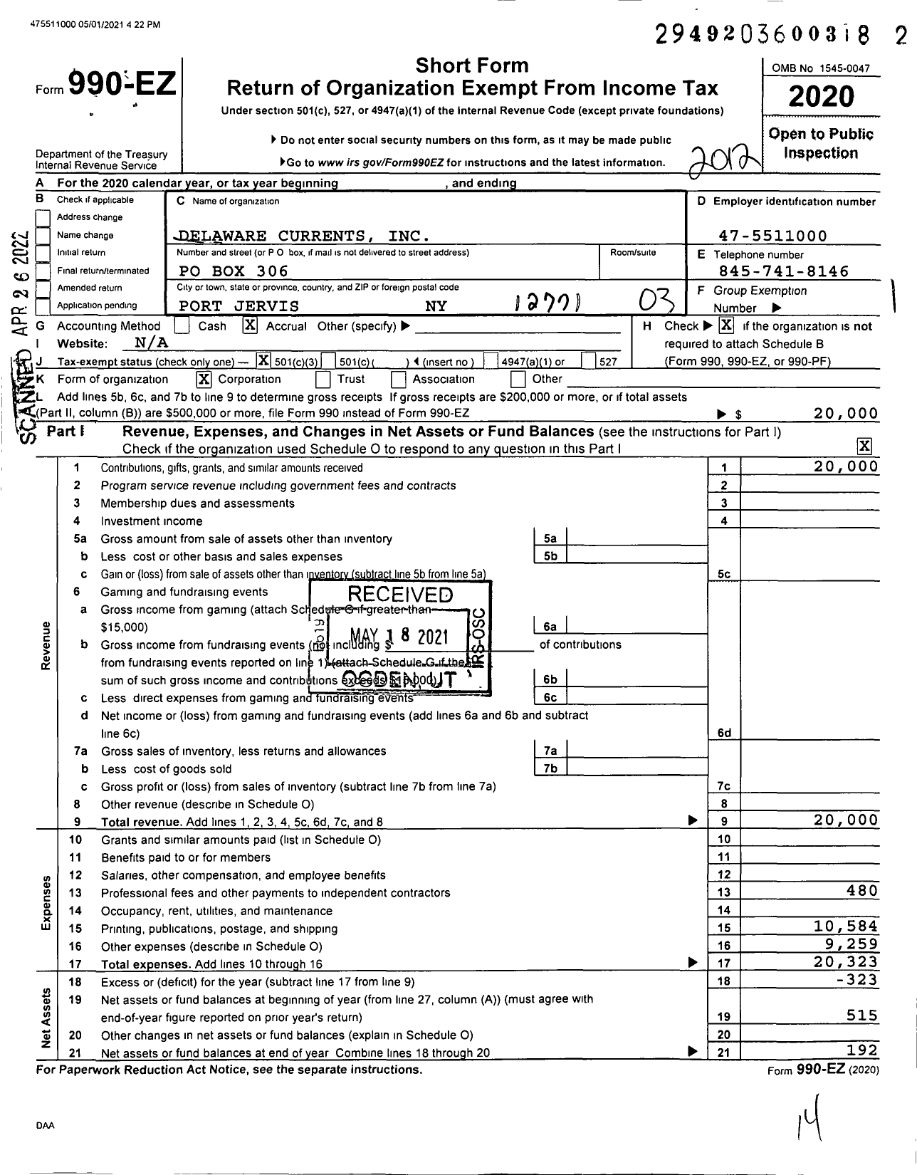 Image of first page of 2020 Form 990EZ for Delaware Currents