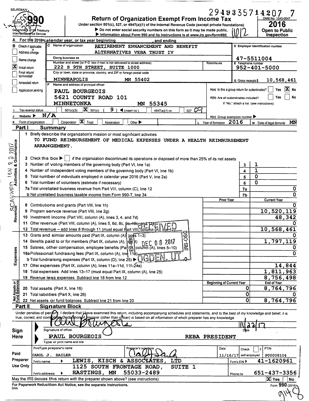 Image of first page of 2016 Form 990O for Retirement Enhancement and Benefit Alternatives Veba Trust Iv