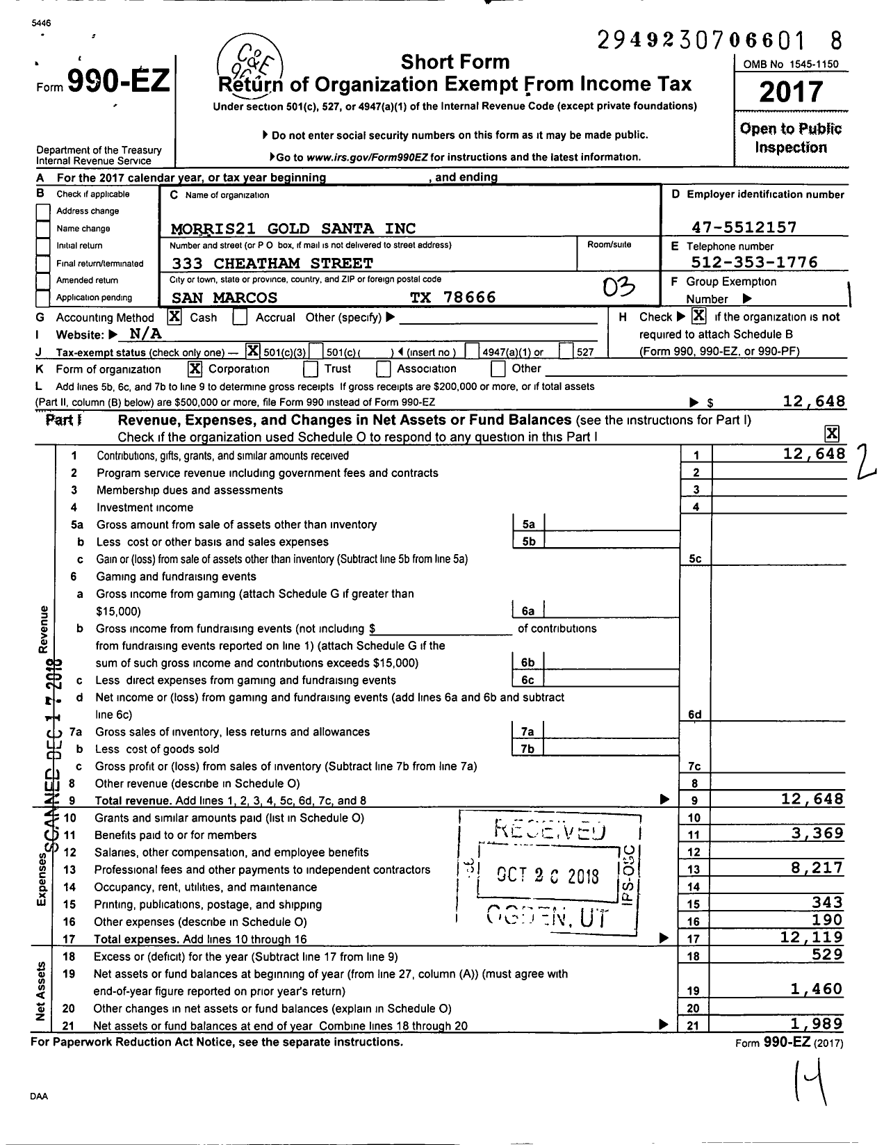 Image of first page of 2017 Form 990EZ for Morris21 Gold Santa