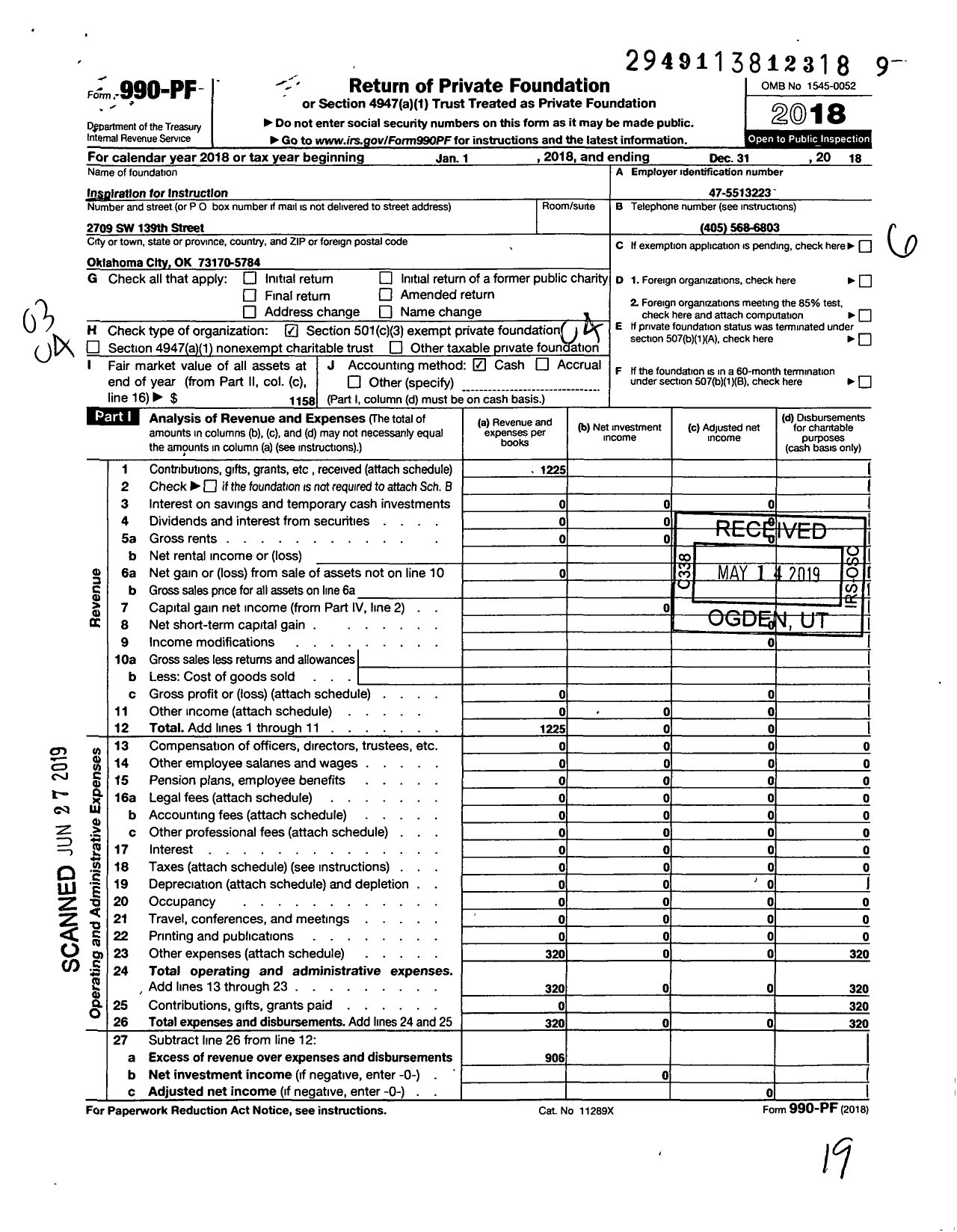 Image of first page of 2018 Form 990PF for Inspiration for Instruction